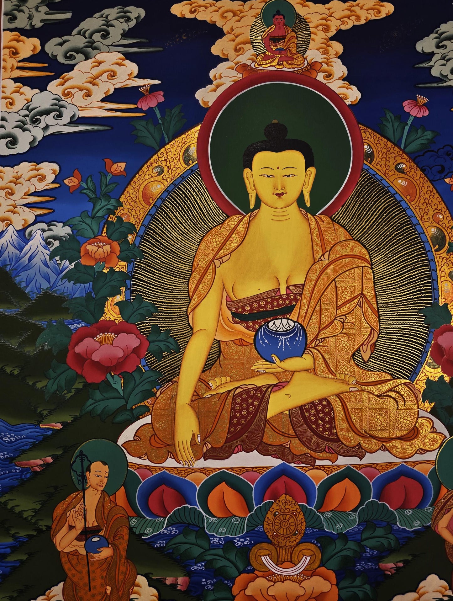 Hand Painted Shakyamuni Buddha Thangka with Disciples