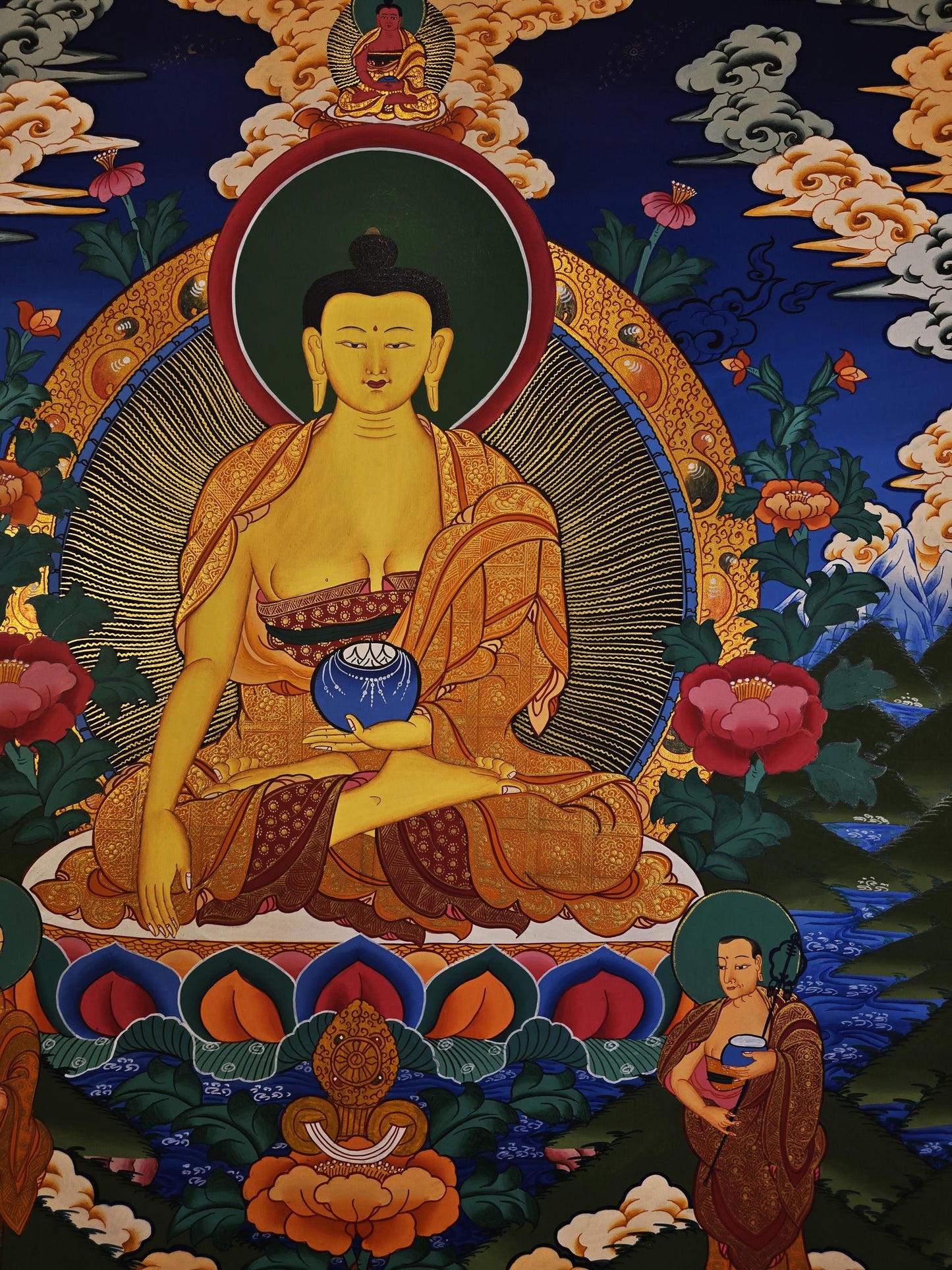 Hand Painted Shakyamuni Buddha Thangka with Disciples