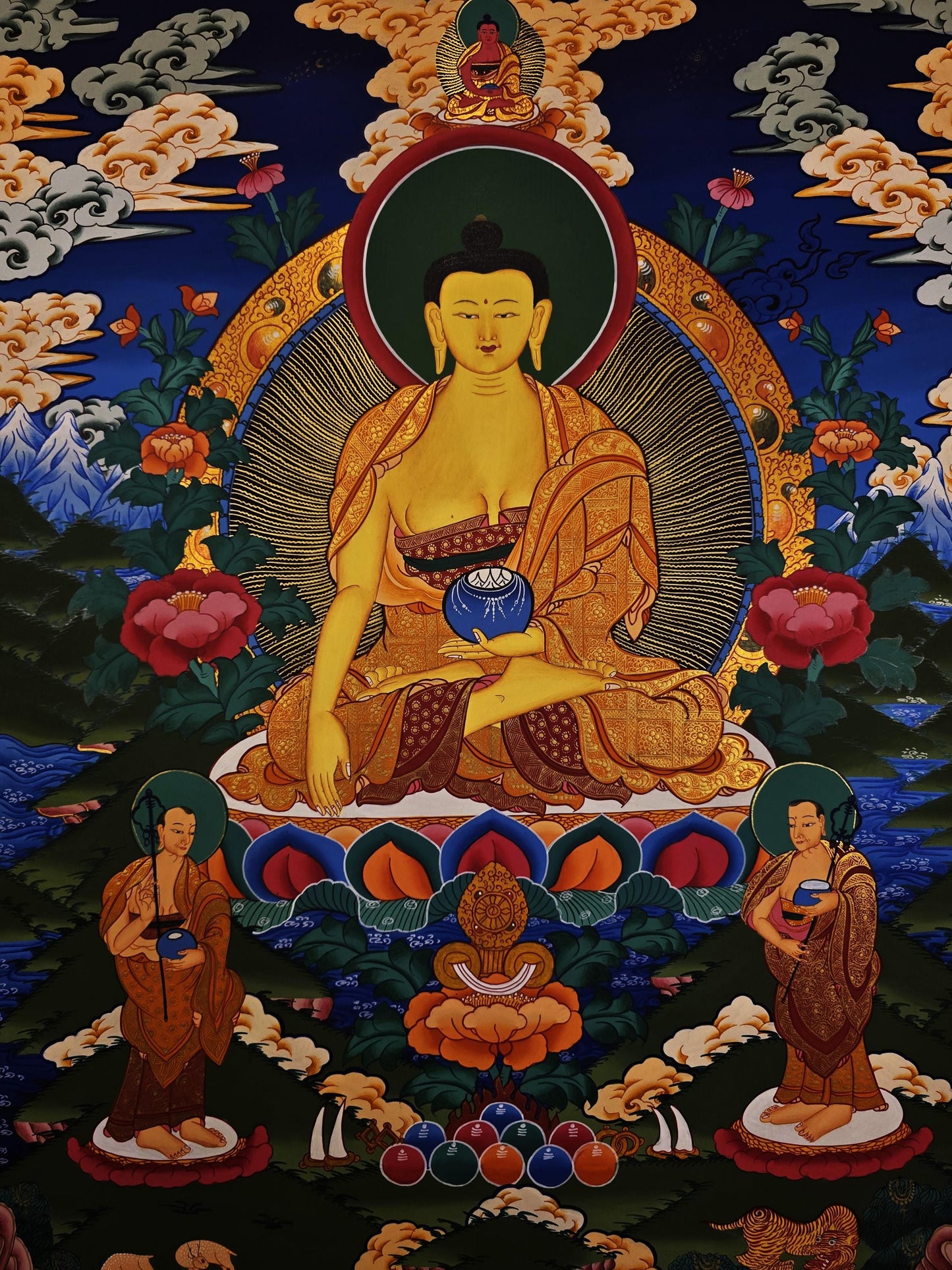 Hand Painted Shakyamuni Buddha Thangka with Disciples