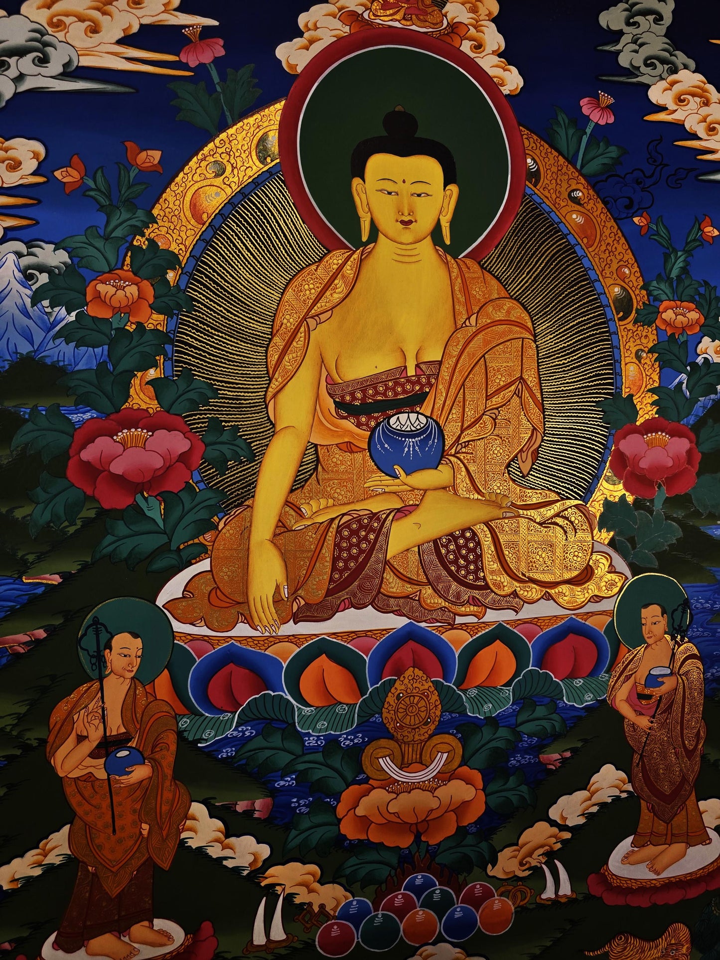 Hand Painted Shakyamuni Buddha Thangka with Disciples