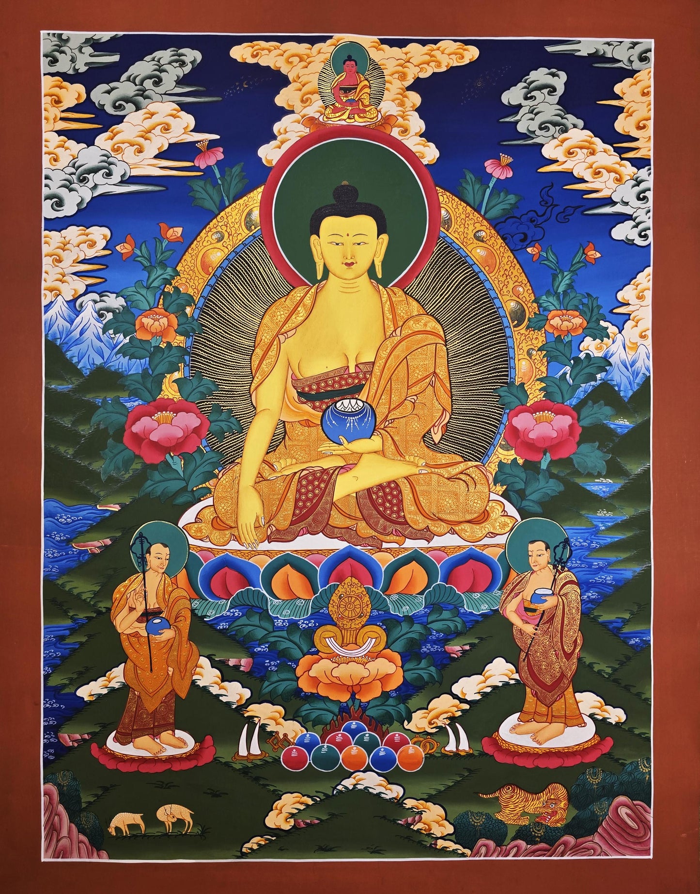 Hand Painted Shakyamuni Buddha Thangka with Disciples