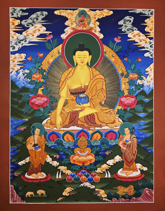 Hand Painted Shakyamuni Buddha Thangka with Disciples