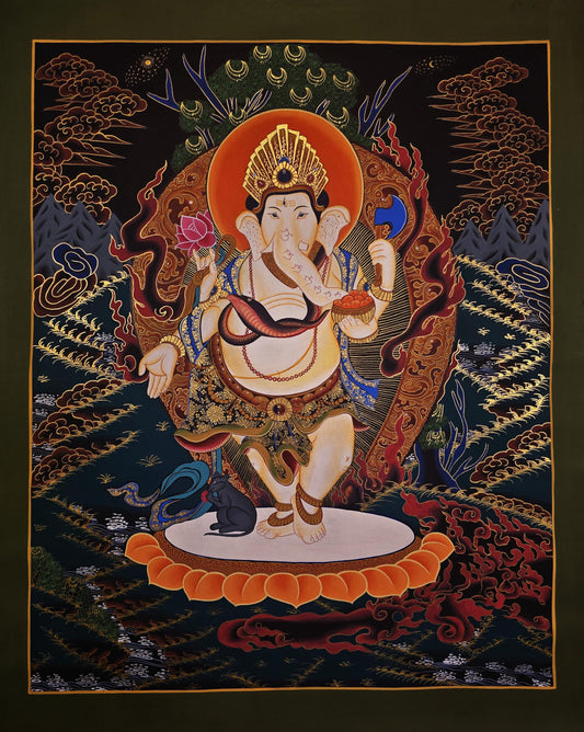 Hand-Painted Ganesha Thangka | Newari Paubha Art, Hindu Decor