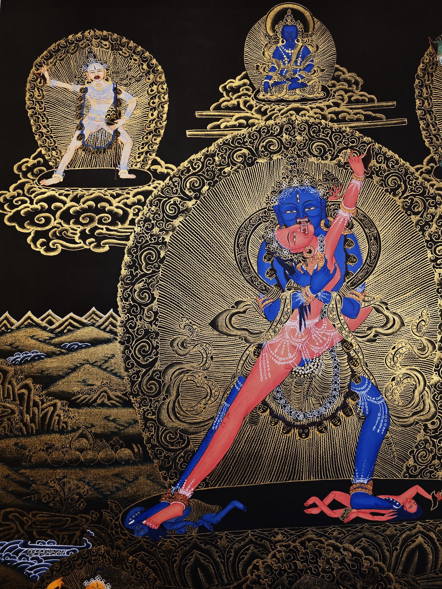 Chakrasamvara in Union with Vajravarahi – Hand-Painted Tibetan Black Thangka with Protector Deities, From Nepal