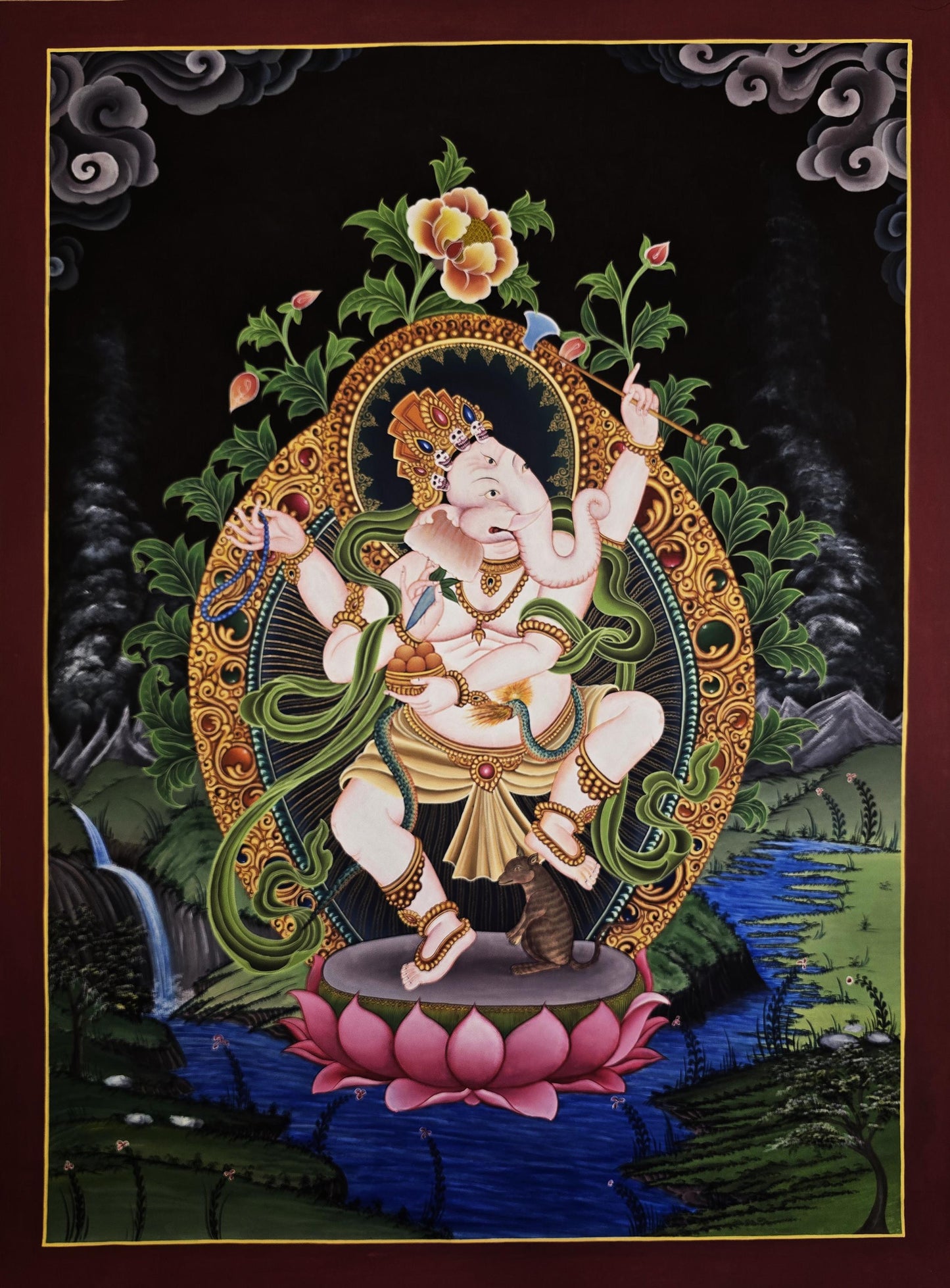 Original Hand-Painted Ganesh Newari Paubha Style Thangka – The Remover of Obstacles | Hindu Art
