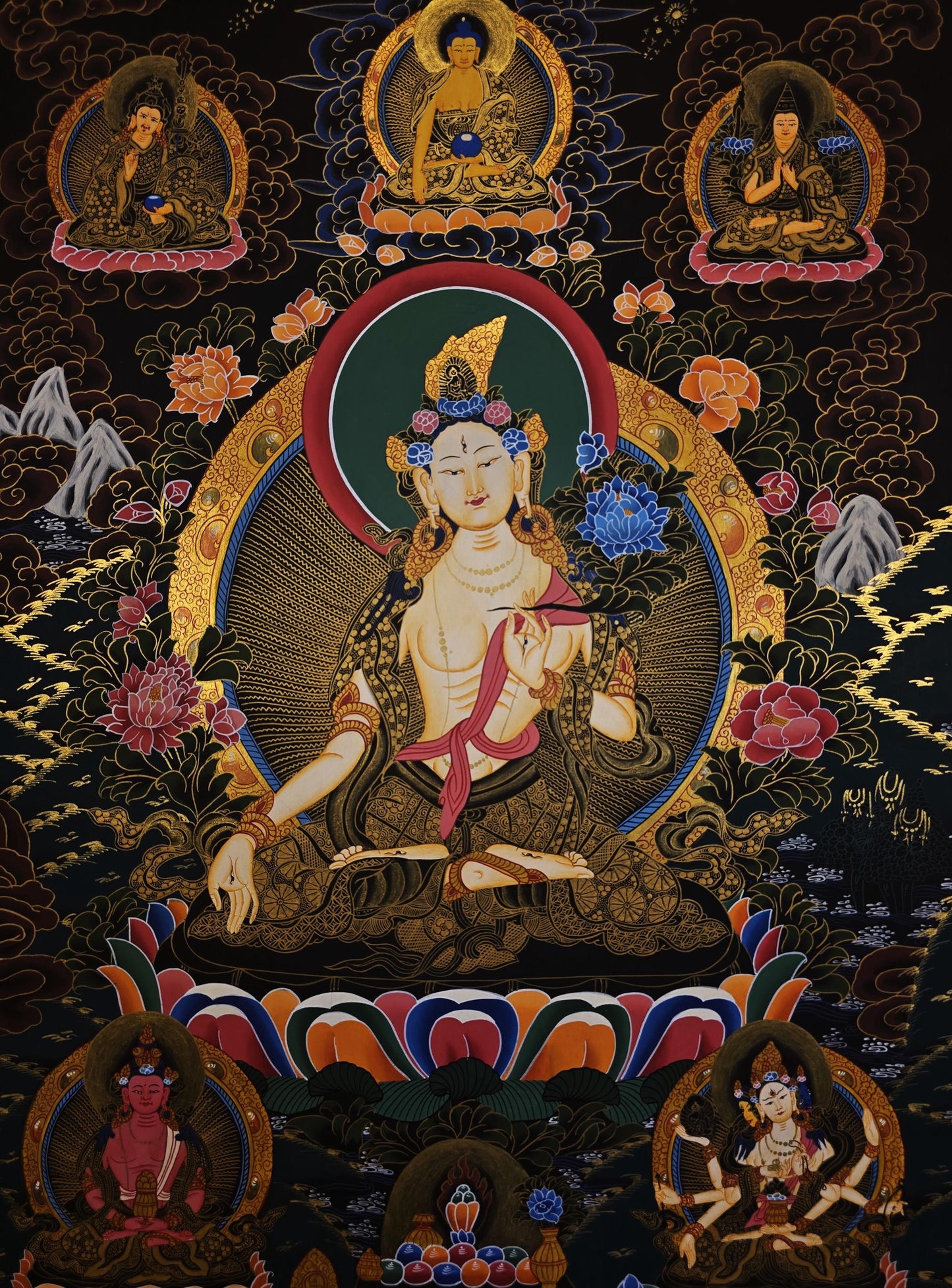 Hand-Painted White Tara Thangka - Original Tibetan Wall Hanging - Compassion Meditation Art from Nepal