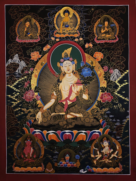 Hand-Painted White Tara Thangka - Original Tibetan Wall Hanging - Compassion Meditation Art from Nepal