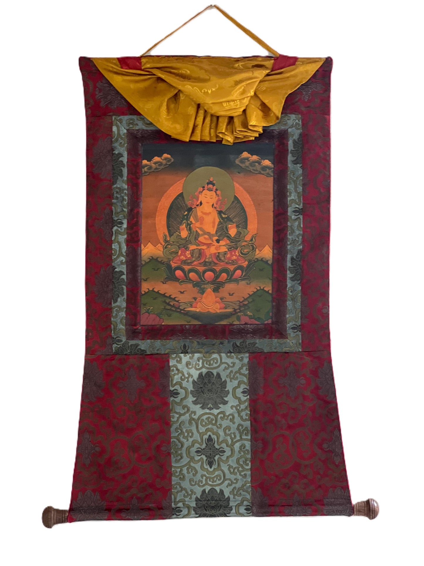 Hand-Painted Vajrasattva Thangka | Oil Varnished Tibetan Painting Silk Brocade