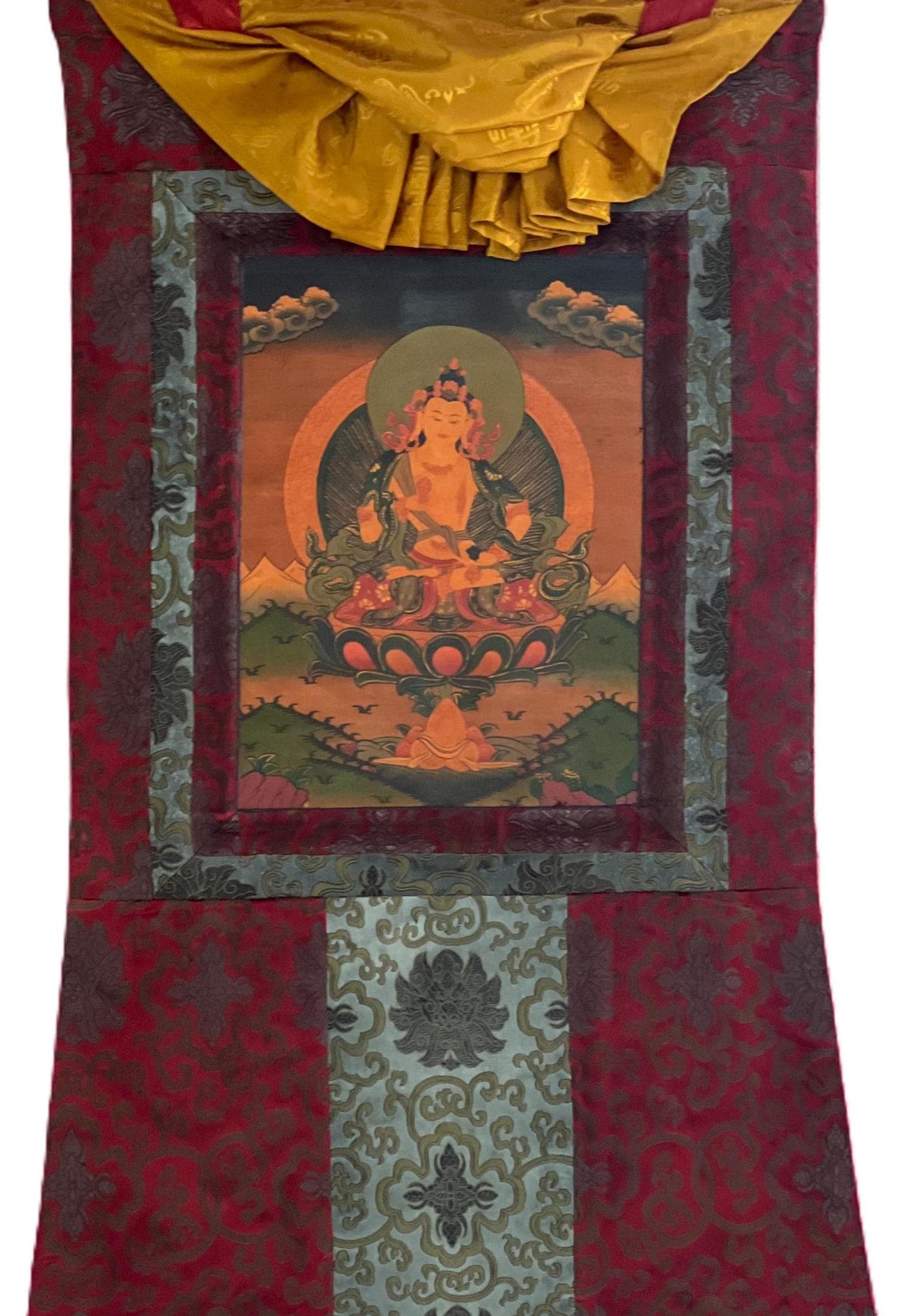 Hand-Painted Vajrasattva Thangka | Oil Varnished Tibetan Painting Silk Brocade