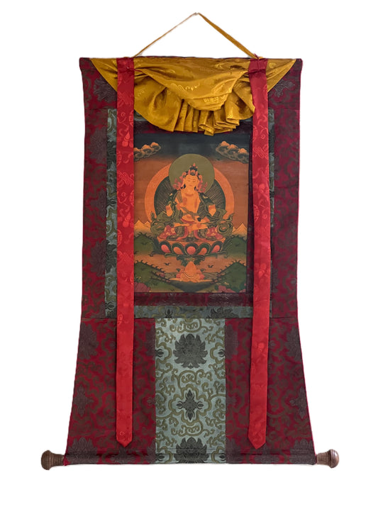 Hand-Painted Vajrasattva Thangka | Oil Varnished Tibetan Painting Silk Brocade