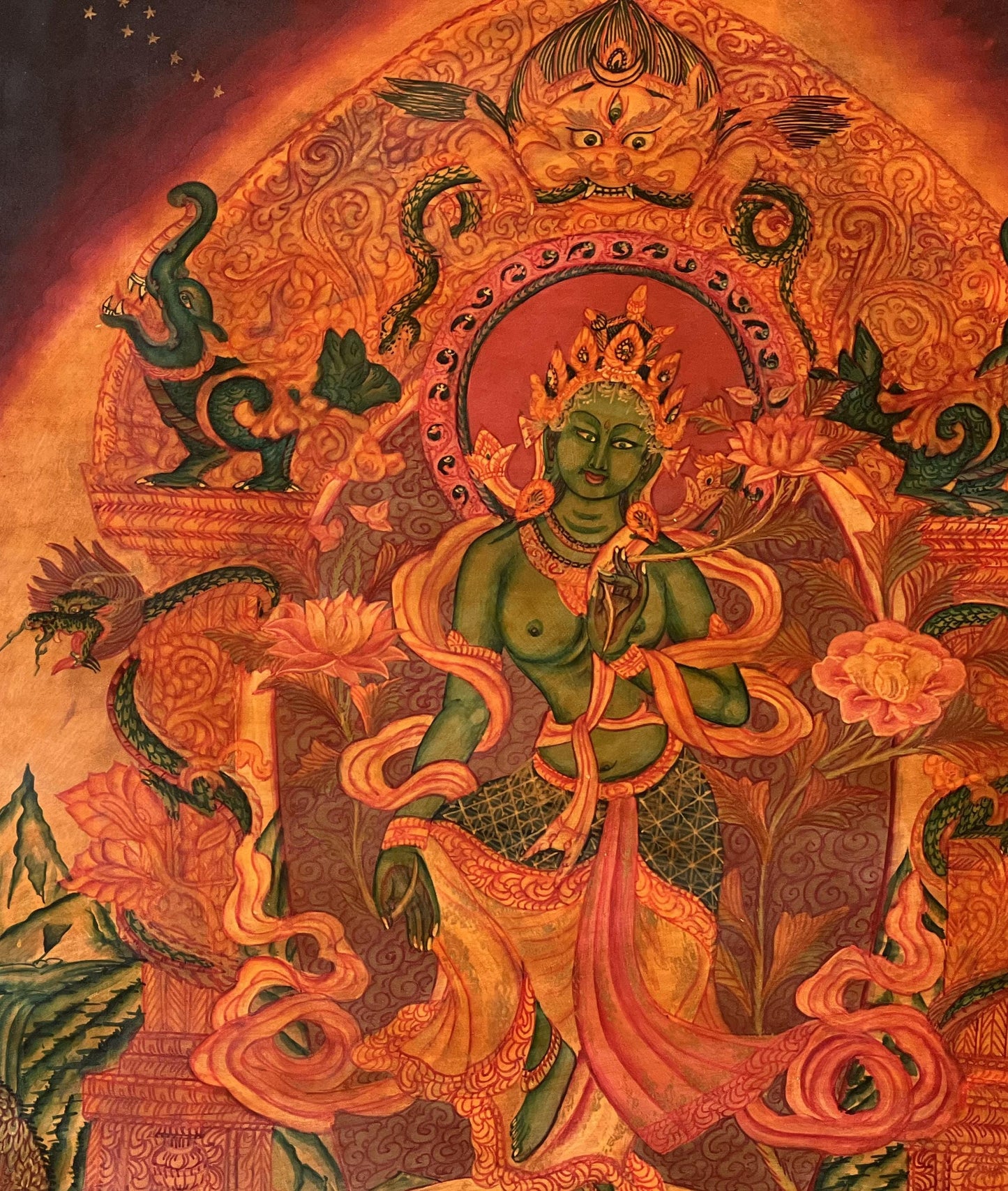 Original Newari Green Tara Thangka Painting | Paubha Art | Oil Varnish | Mother Goddess