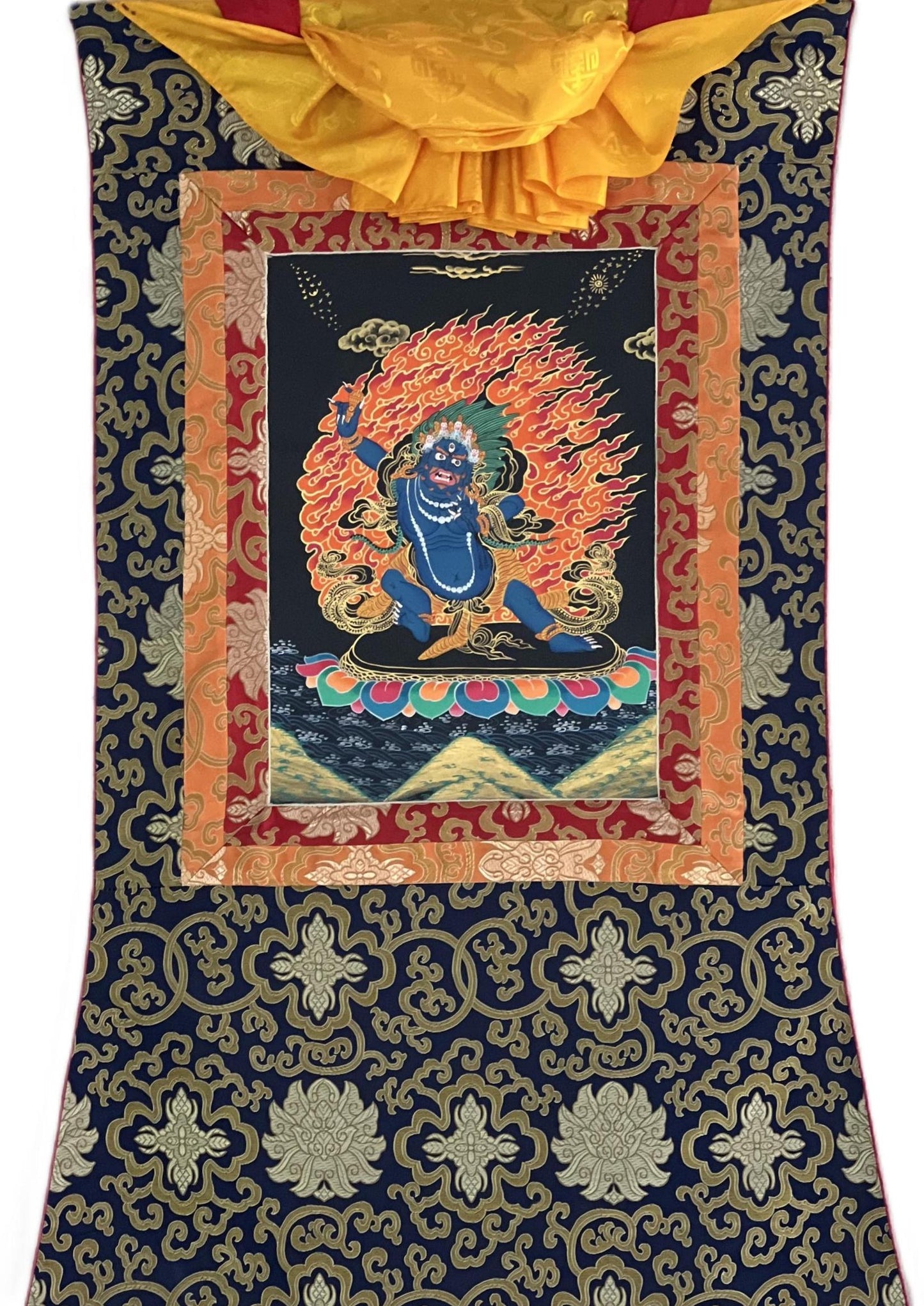 Vajrapani Thangka Painting | Hand-Painted Tibetan Buddhist Protector with Silk Frame