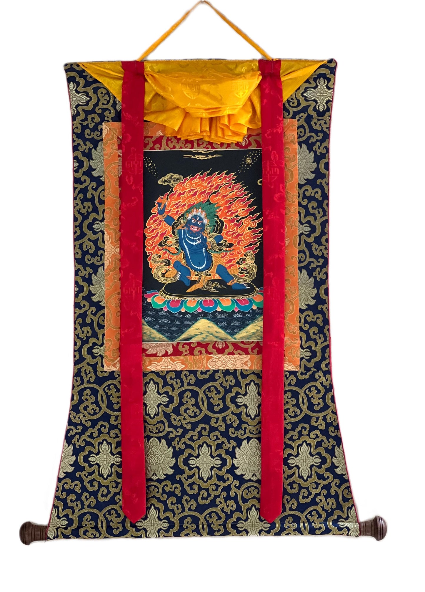 Vajrapani Thangka Painting | Hand-Painted Tibetan Buddhist Protector with Silk Frame