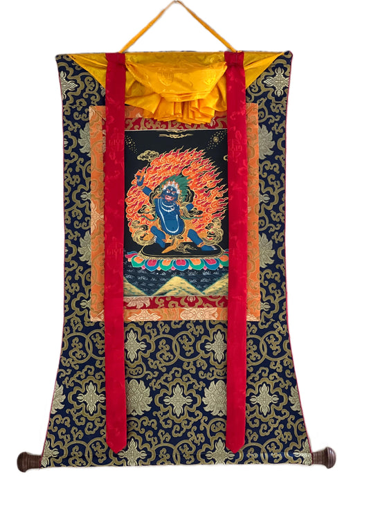 Vajrapani Thangka Painting | Hand-Painted Tibetan Buddhist Protector with Silk Frame