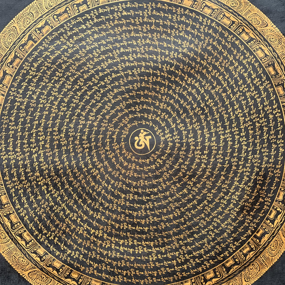 Black and Gold Om Mani Padme Hum Mantra  Thangka Painting: Tibetan Mandala Art