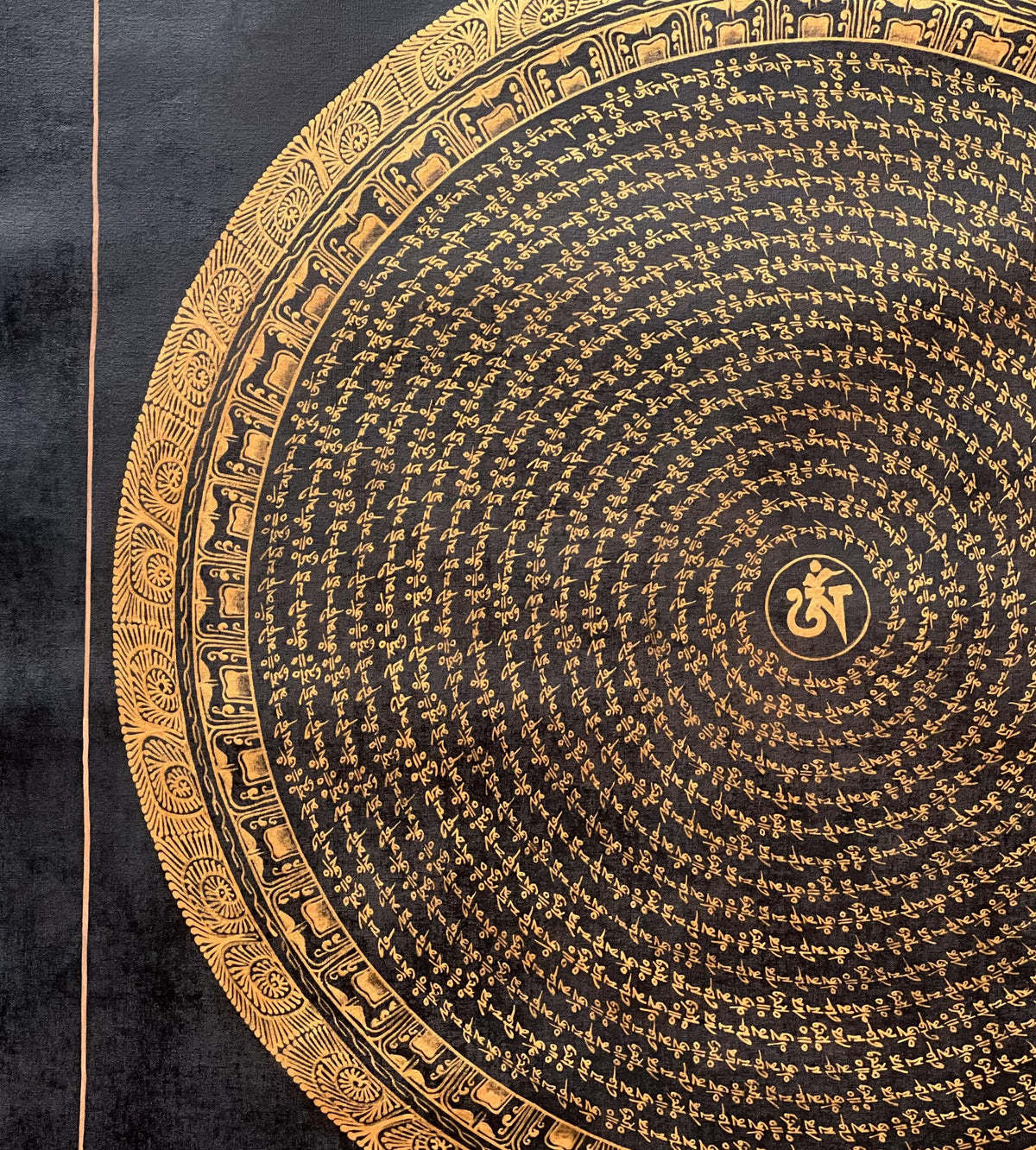 Black and Gold Om Mani Padme Hum Mantra  Thangka Painting: Tibetan Mandala Art