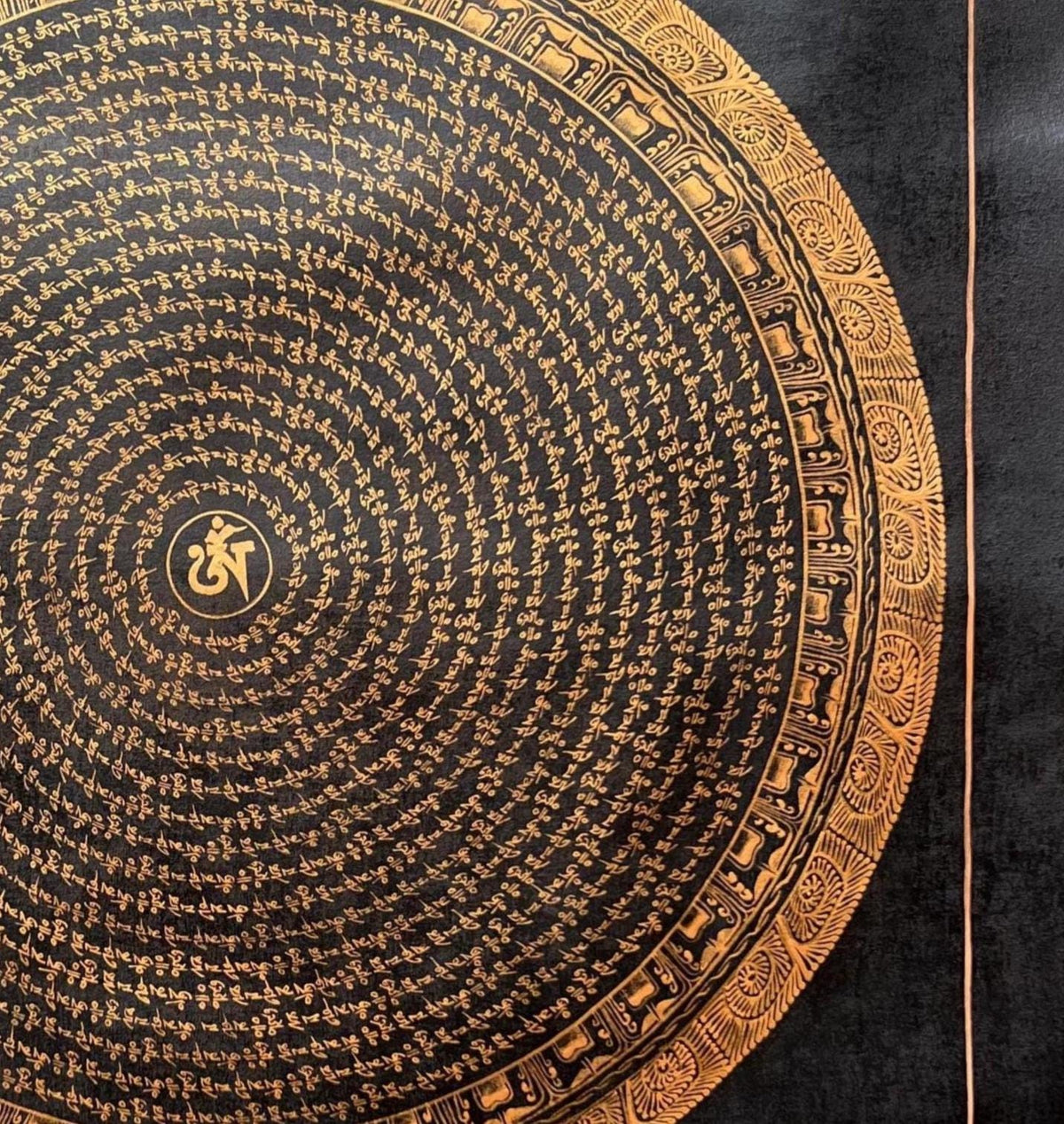 Black and Gold Om Mani Padme Hum Mantra  Thangka Painting: Tibetan Mandala Art