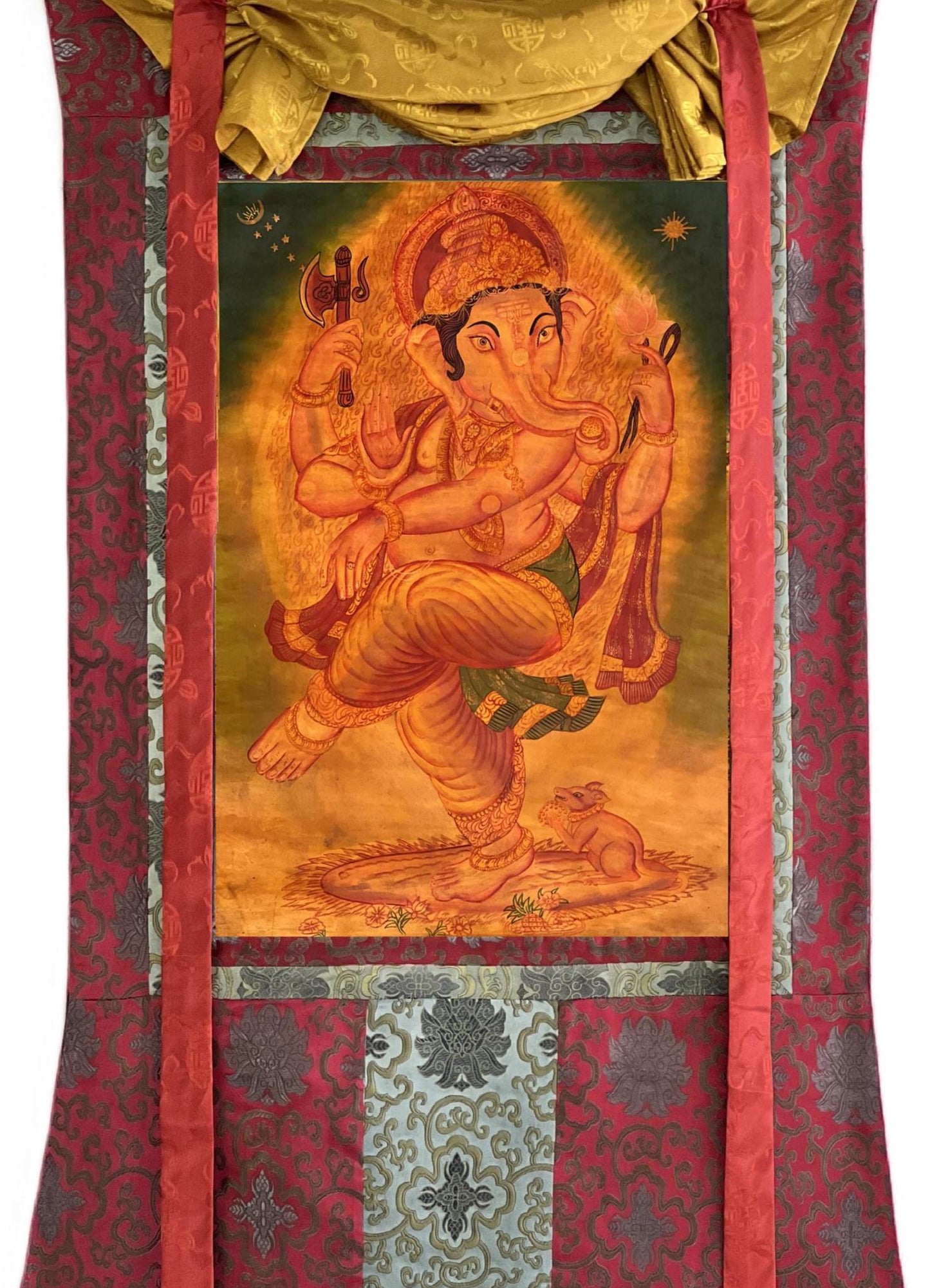 Hand-Painted Lord Ganesha Thangka – Newari Paubha, Silk Brocade
