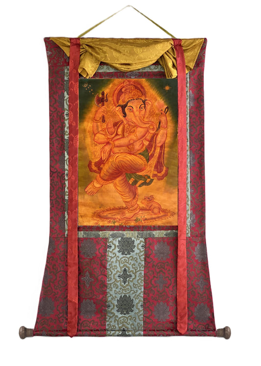 Hand-Painted Lord Ganesha Thangka – Newari Paubha, Silk Brocade