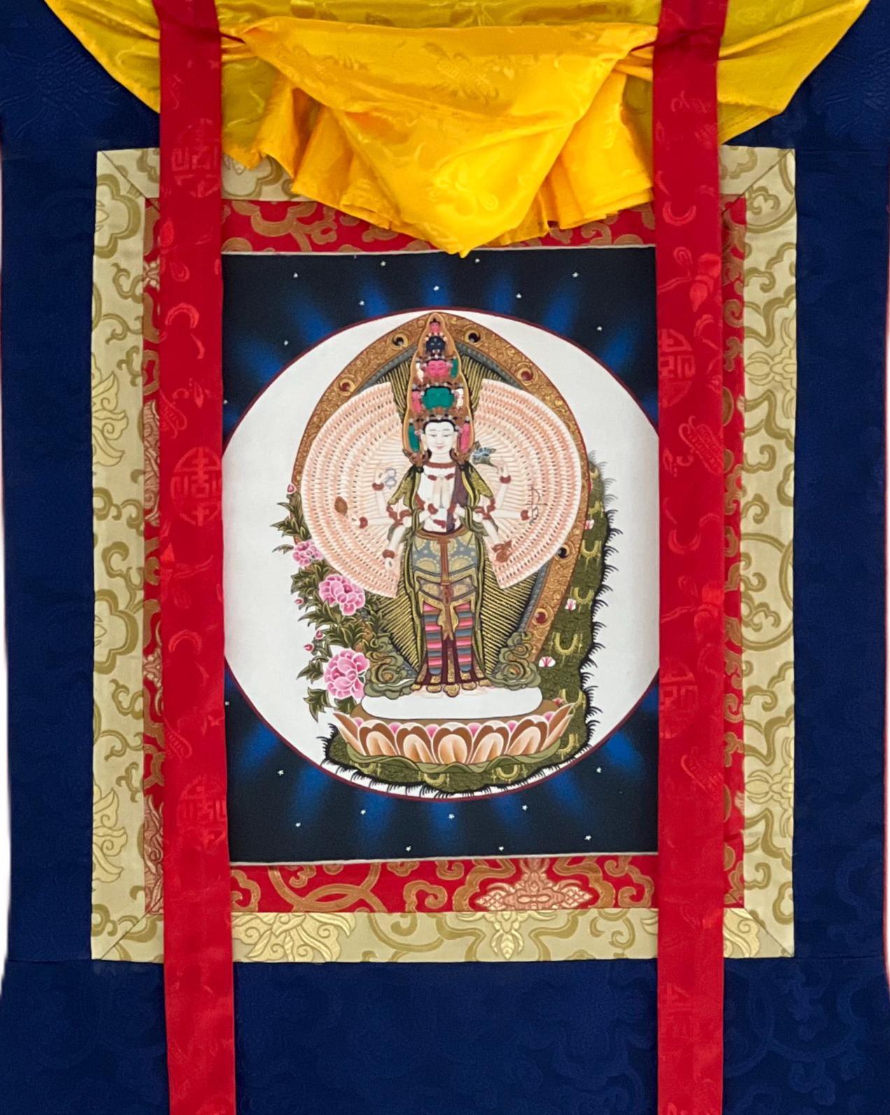 Original Hand-Painted Tibetan Thangka of Thousand-Armed Avalokiteshvara (Chenrezig) with Silk Brocade - Compassion Meditation Art