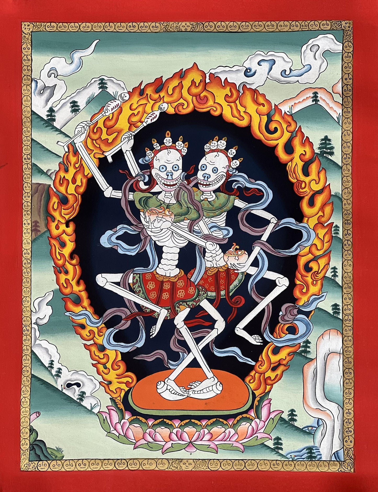 Citipati Yab-Yum Paubha Thangka | Hand-Painted Skeleton Deity Tibetan Art