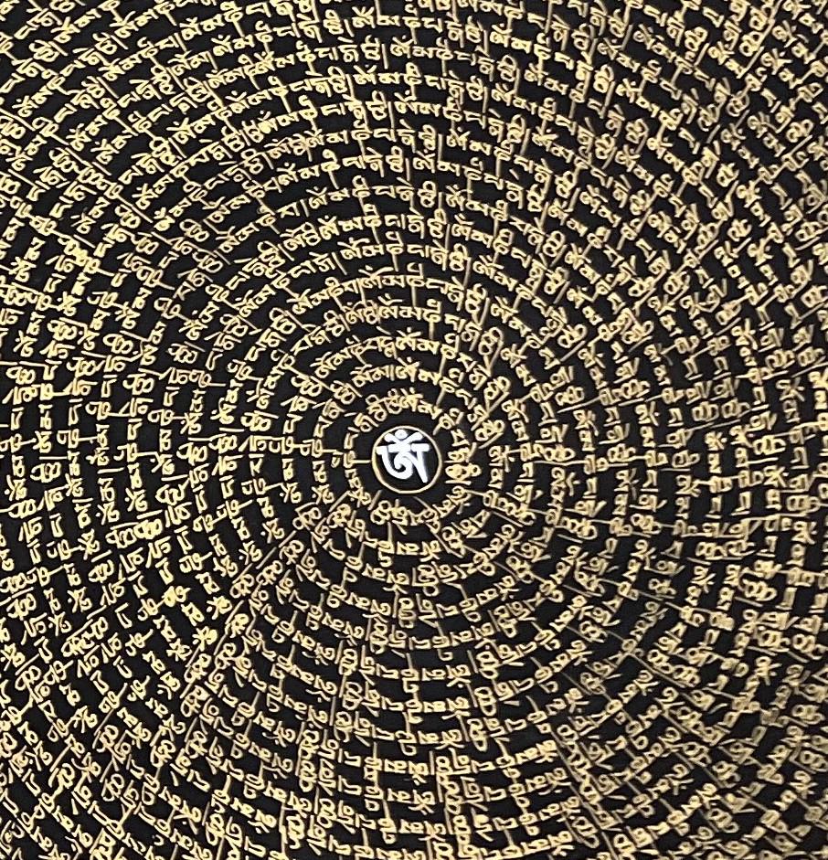 Black and Gold Om Mani Padme Hum Mandala Thangka  Tibetan Buddhist Wall Art