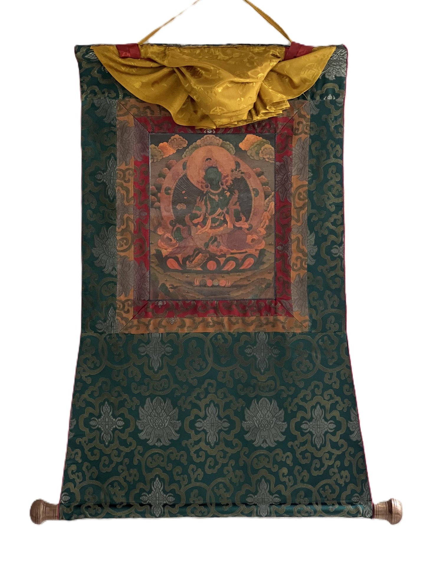 Original Hand-painted Green Tara/ Mother Goddess  Oil Varnished Tibetan Thangka Painting with Silk Brocade
