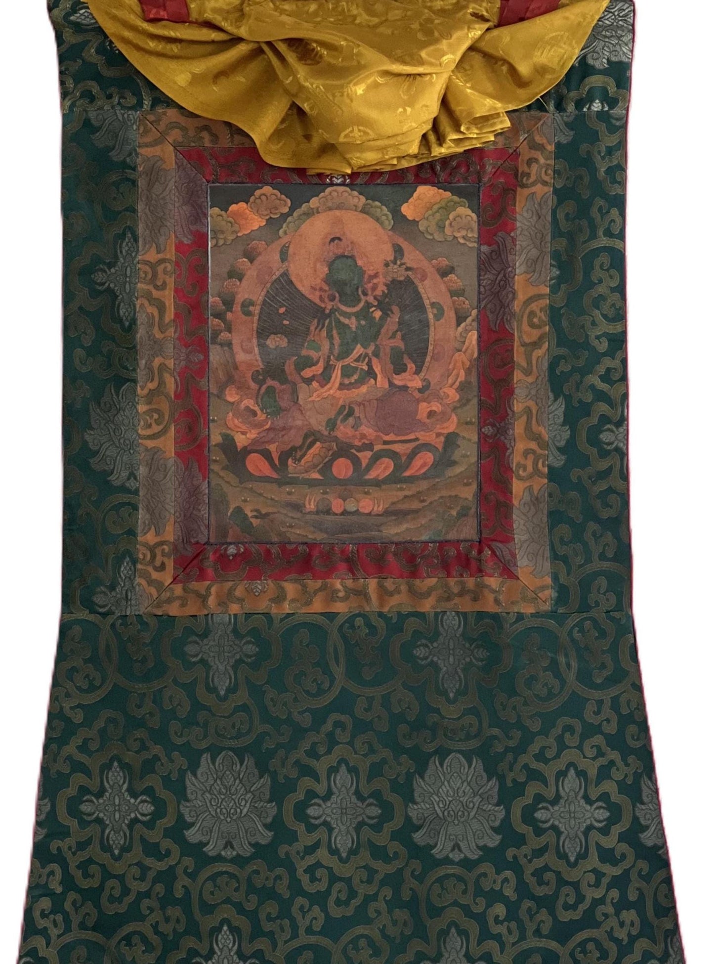 Original Hand-painted Green Tara/ Mother Goddess  Oil Varnished Tibetan Thangka Painting with Silk Brocade