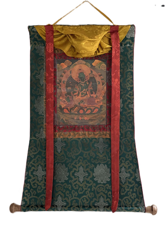Original Hand-painted Green Tara/ Mother Goddess  Oil Varnished Tibetan Thangka Painting with Silk Brocade