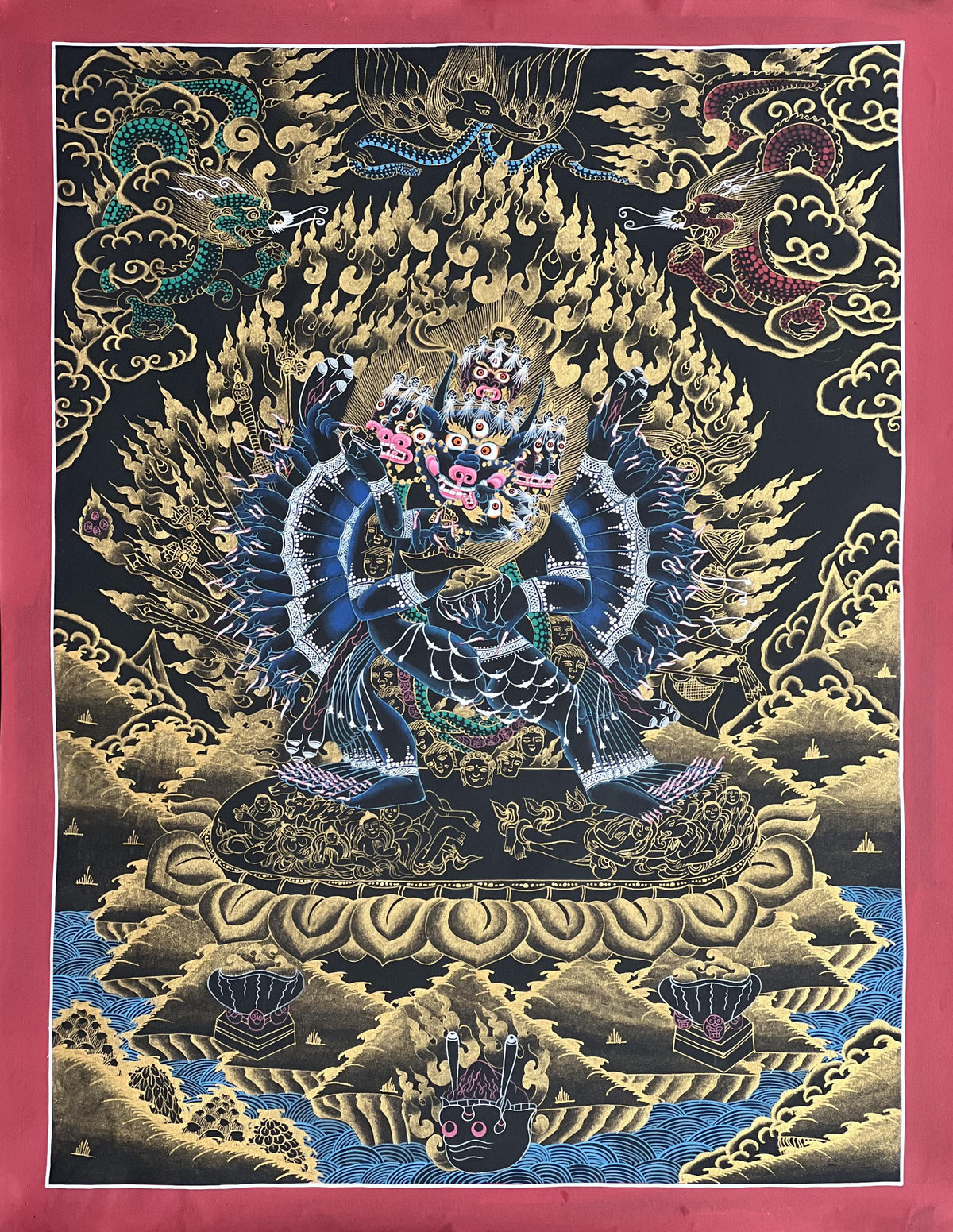 Hand-Painted Yamantaka Thangka | Tibetan Buddhist Protector Art | Silk Brocade