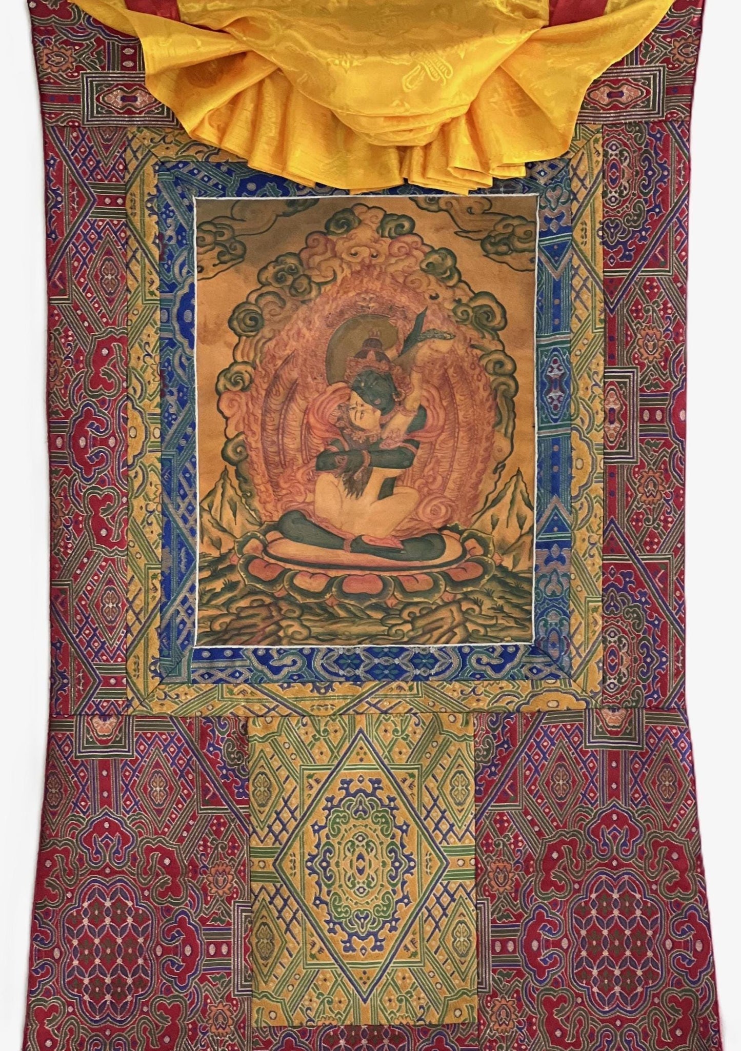 Vajradhara Yab Yum Thangka | Tibetan Silk Brocade Masterpiece