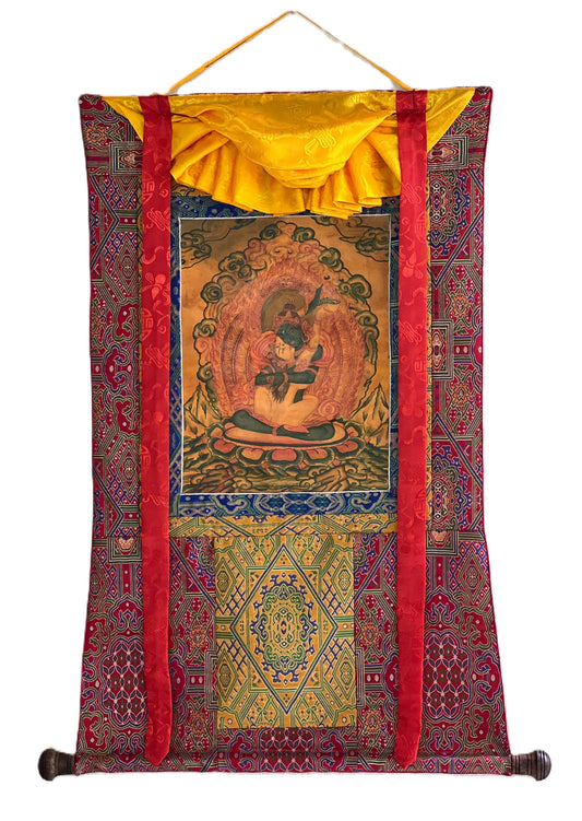 Vajradhara Yab Yum Thangka | Tibetan Silk Brocade Masterpiece