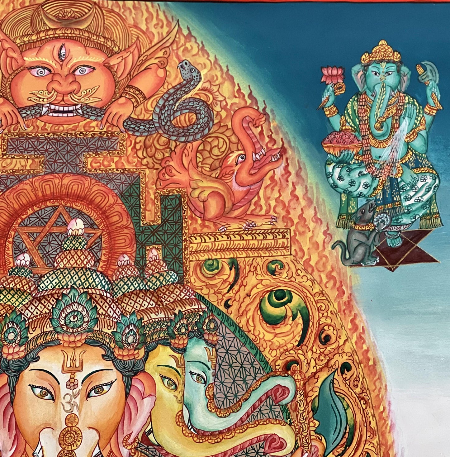 Large Panchamukhi Ganesha Newari Paubha Thangka – Rare Five-Faced Ganesha Sacred Painting