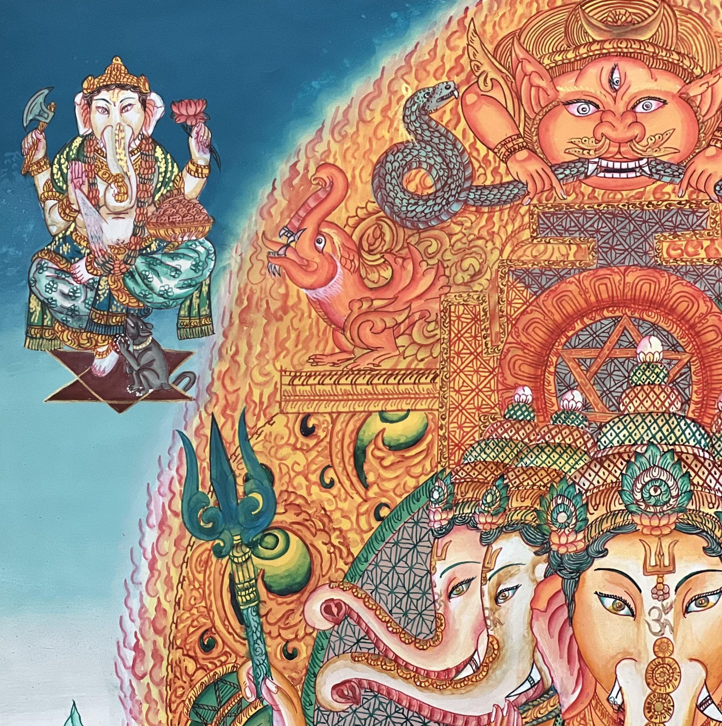 Large Panchamukhi Ganesha Newari Paubha Thangka – Rare Five-Faced Ganesha Sacred Painting