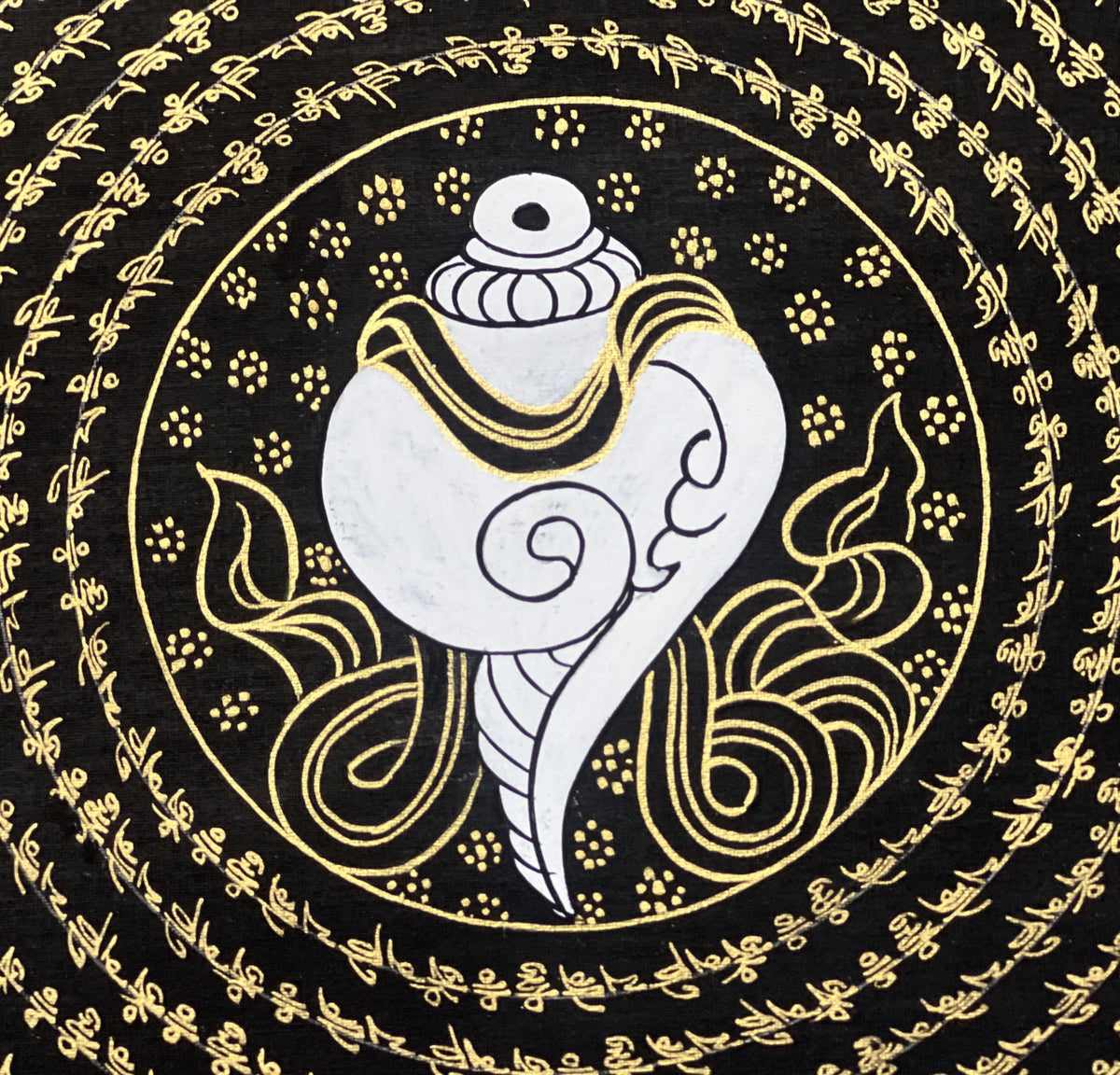 Hand-Painted Conch Shell Mandala Thangka  Black & Gold Tibetan Art