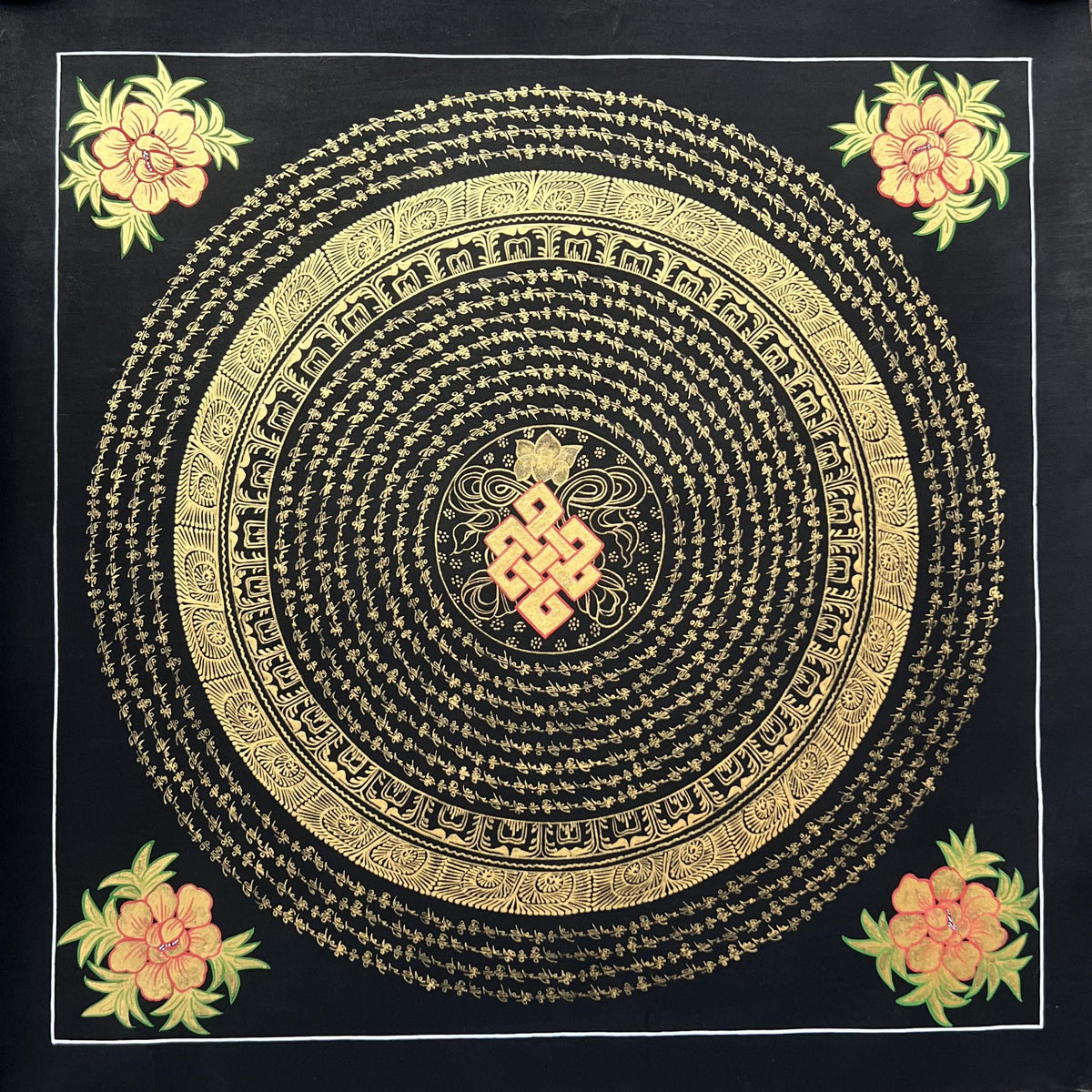 Endless Knot Mandala  Hand-Painted Tibetan Thangka Art, Black & Gold