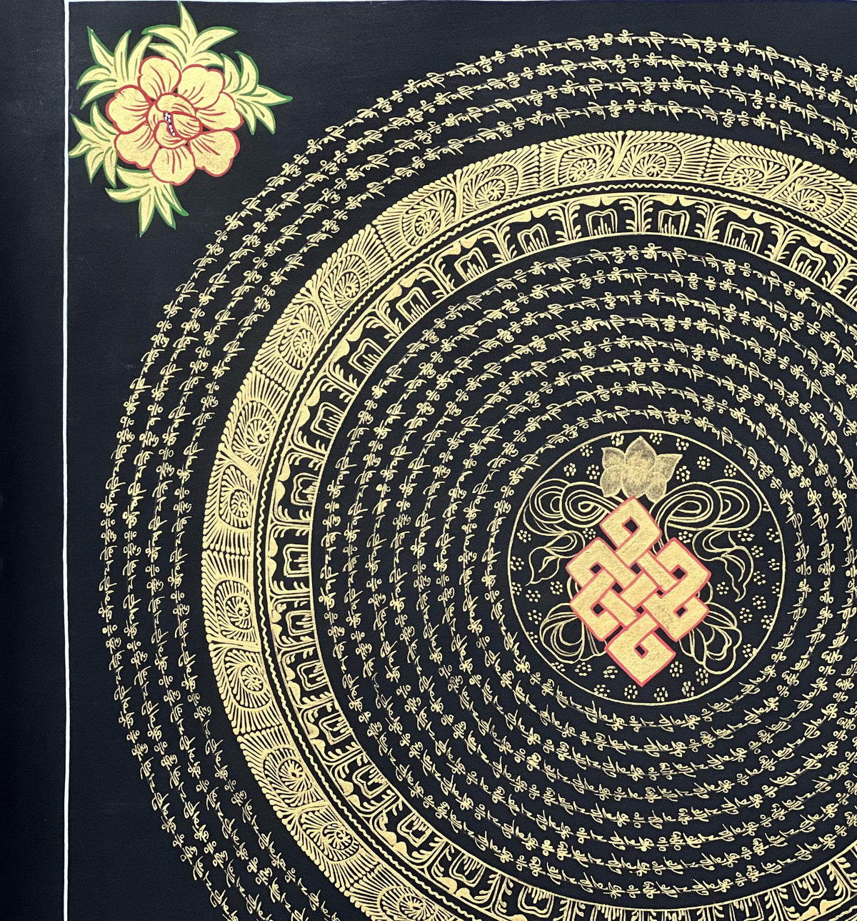 Endless Knot Mandala  Hand-Painted Tibetan Thangka Art, Black & Gold