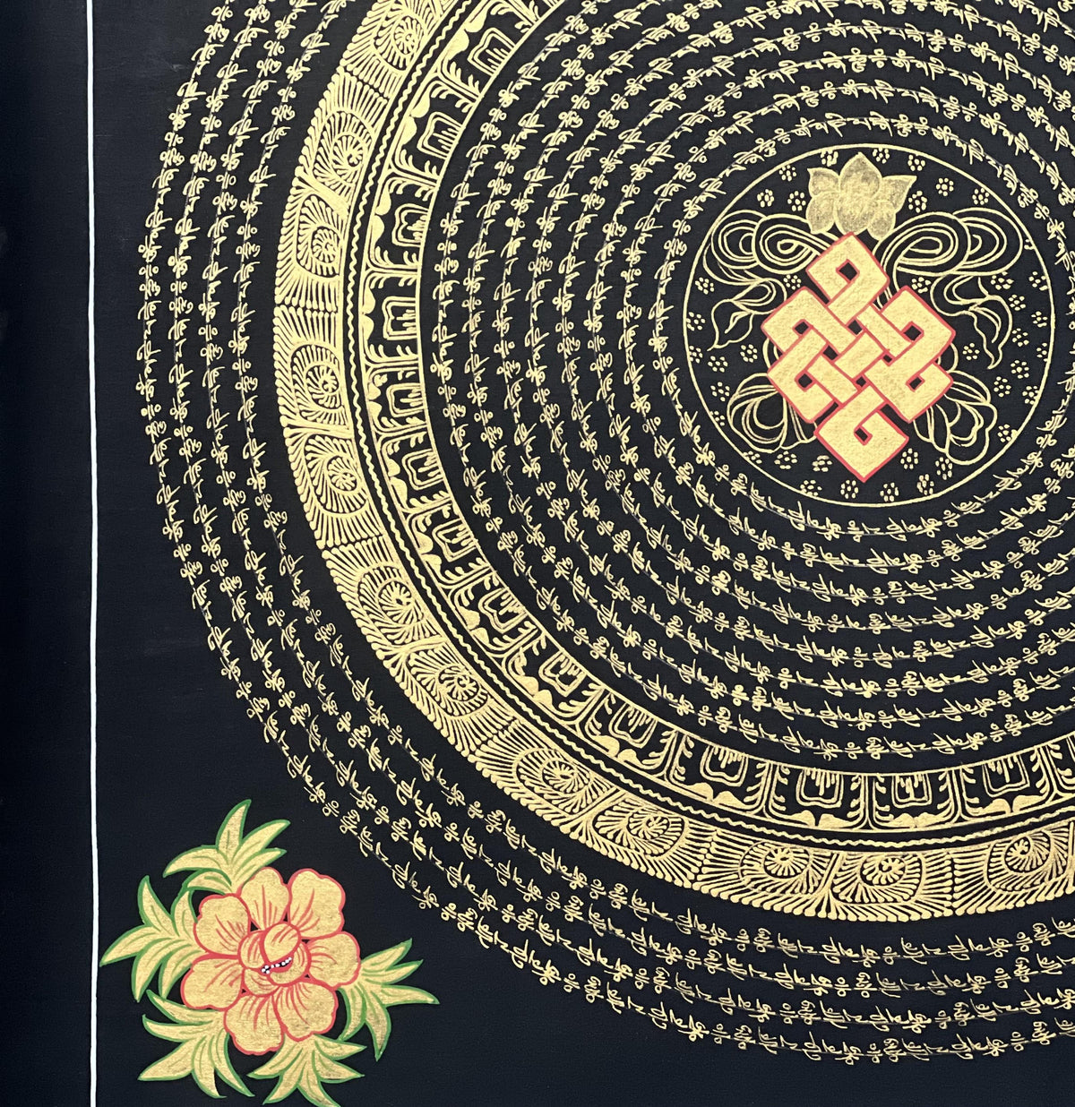 Endless Knot Mandala  Hand-Painted Tibetan Thangka Art, Black & Gold