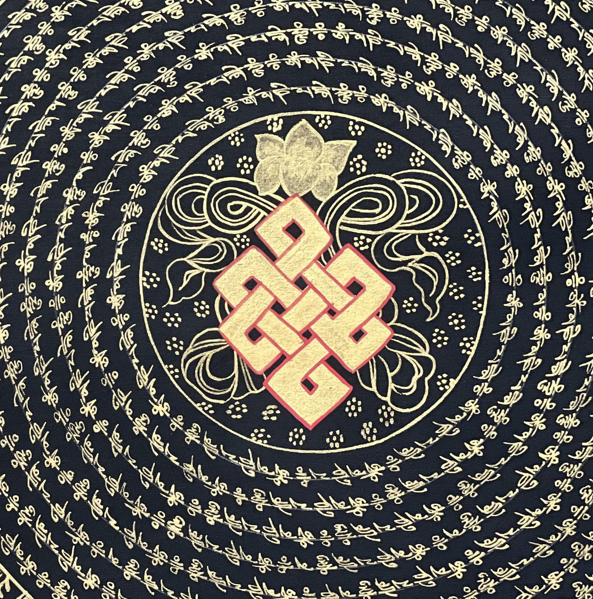 Endless Knot Mandala  Hand-Painted Tibetan Thangka Art, Black & Gold