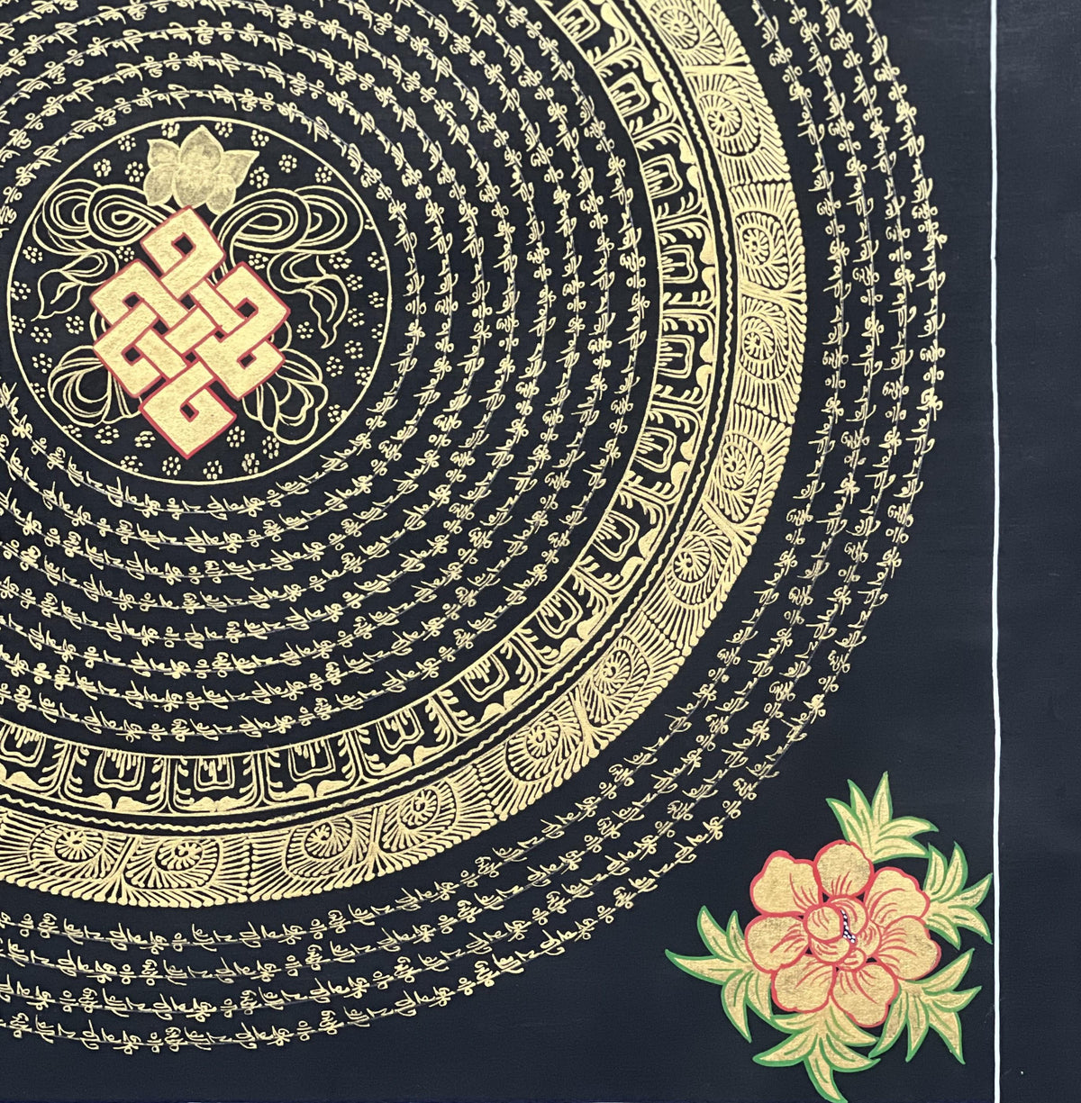 Endless Knot Mandala  Hand-Painted Tibetan Thangka Art, Black & Gold