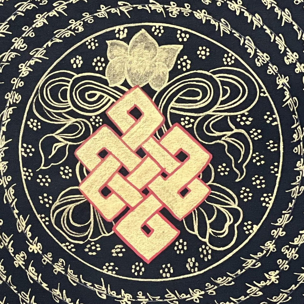 Endless Knot Mandala  Hand-Painted Tibetan Thangka Art, Black & Gold