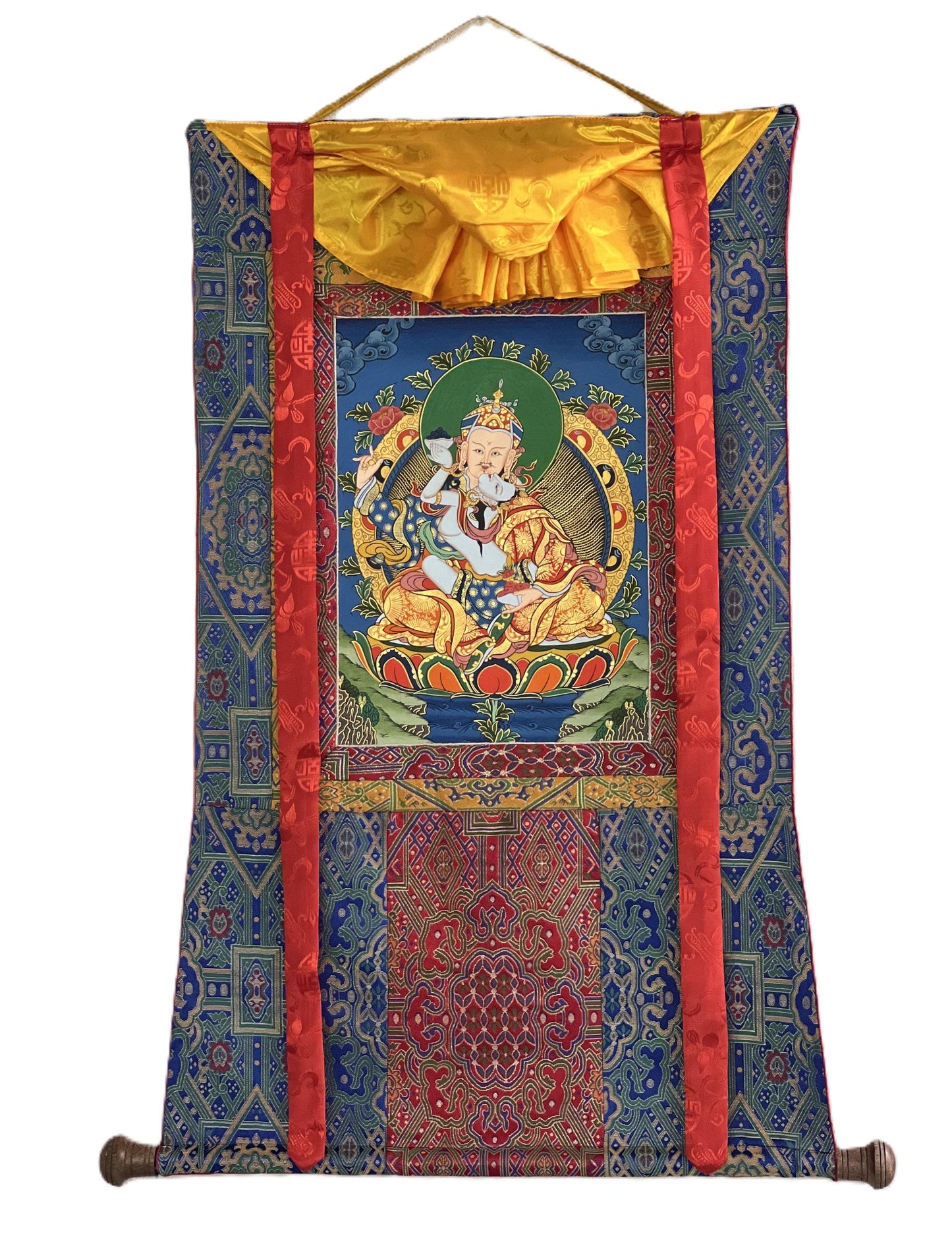 Hand-Painted Padmasambhava Thangka – Guru Rinpoche, Silk Brocade Tibetan Art