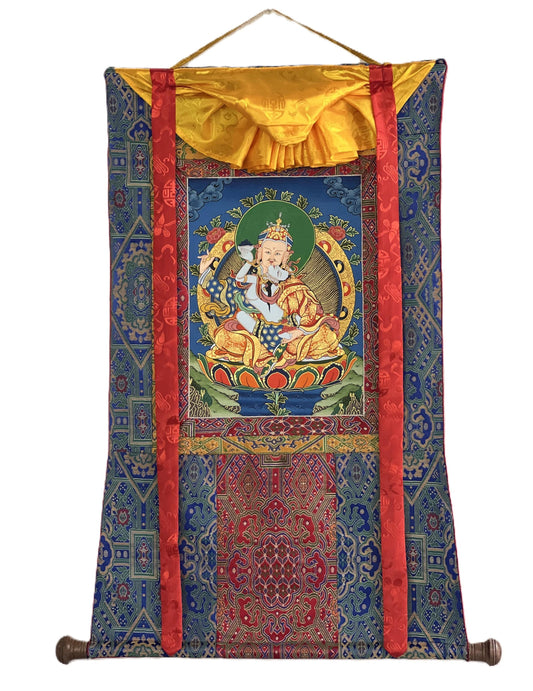 Hand-Painted Padmasambhava Thangka – Guru Rinpoche, Silk Brocade Tibetan Art