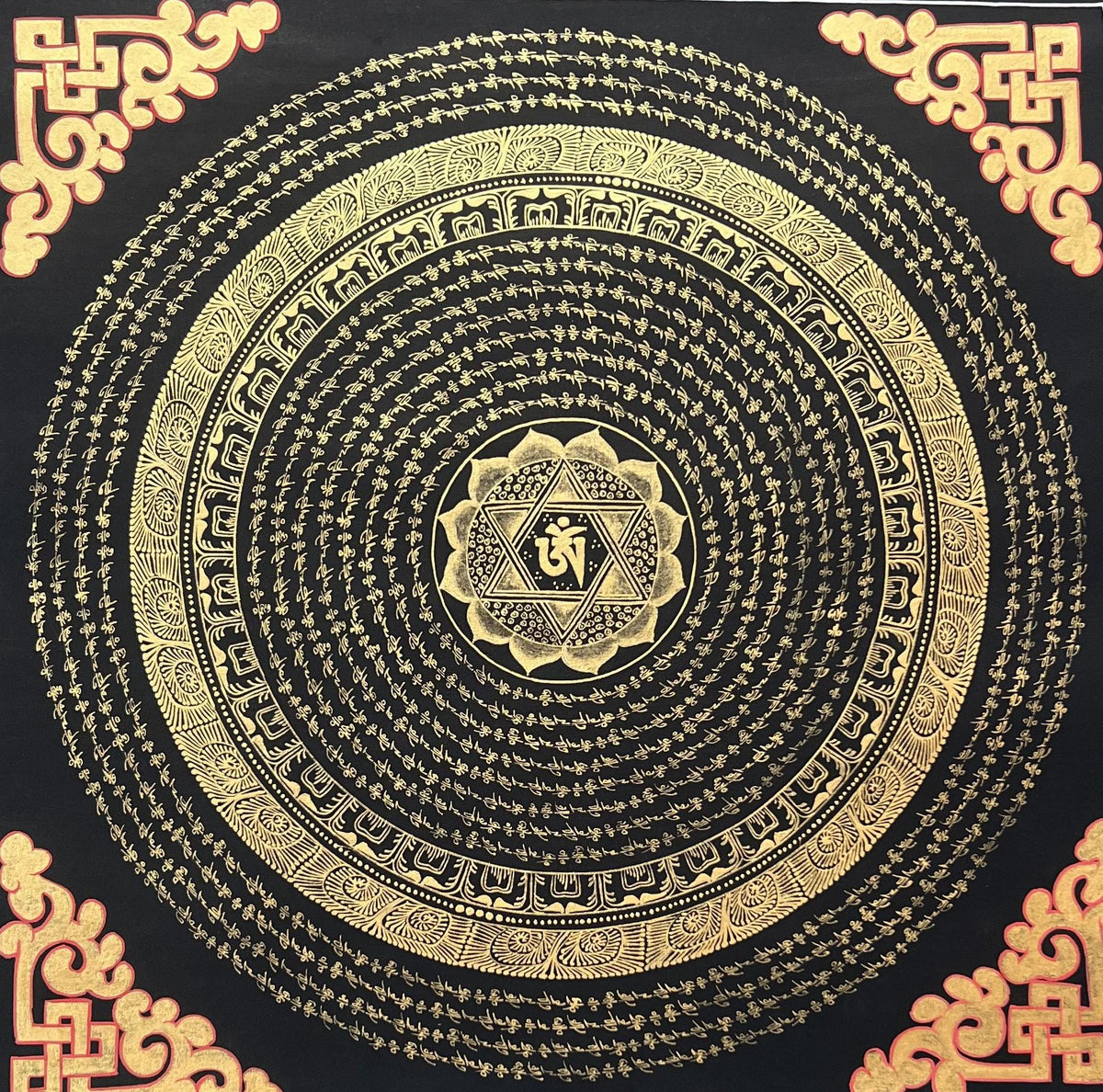 Hand-Painted Om Mandala Thangka  Tibetan Buddhist Art, Black & Gold Wall Hanging