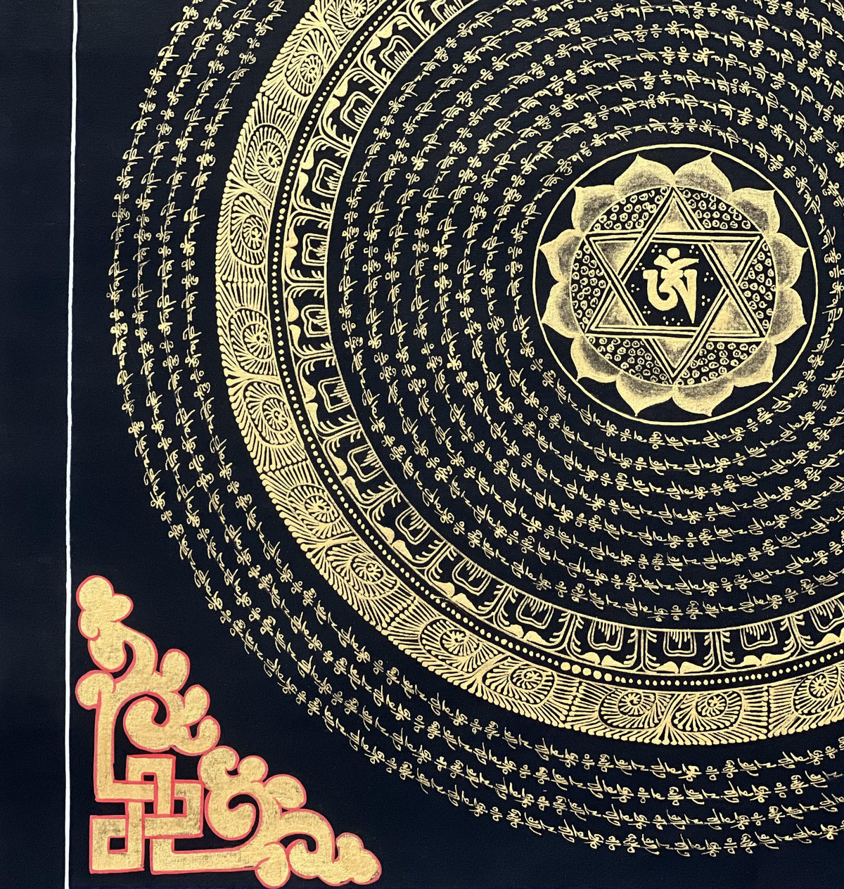 Hand-Painted Om Mandala Thangka  Tibetan Buddhist Art, Black & Gold Wall Hanging