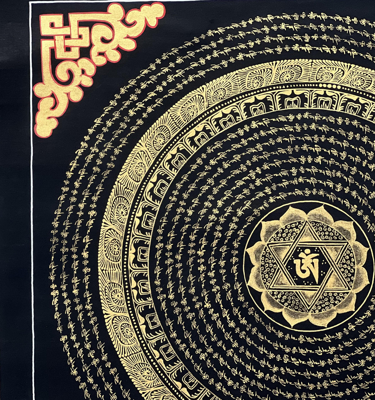 Hand-Painted Om Mandala Thangka  Tibetan Buddhist Art, Black & Gold Wall Hanging
