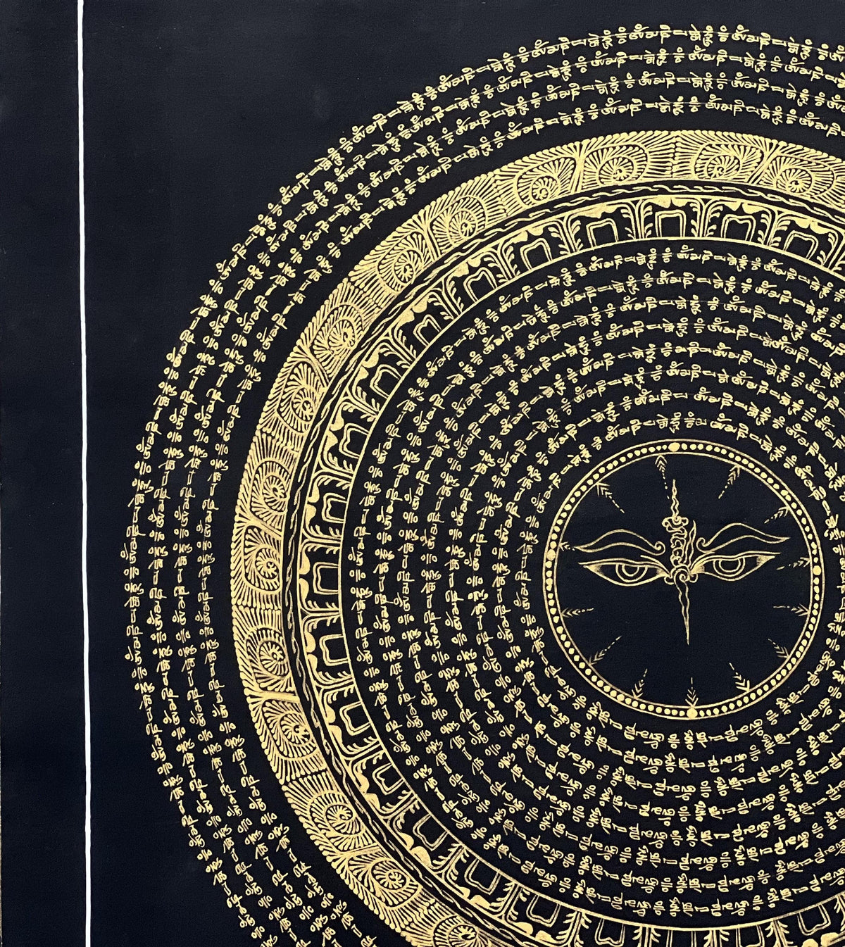 Hand-Painted Buddha Eye Mandala Thangka  Black and Gold Om Mani Padme Hum Art
