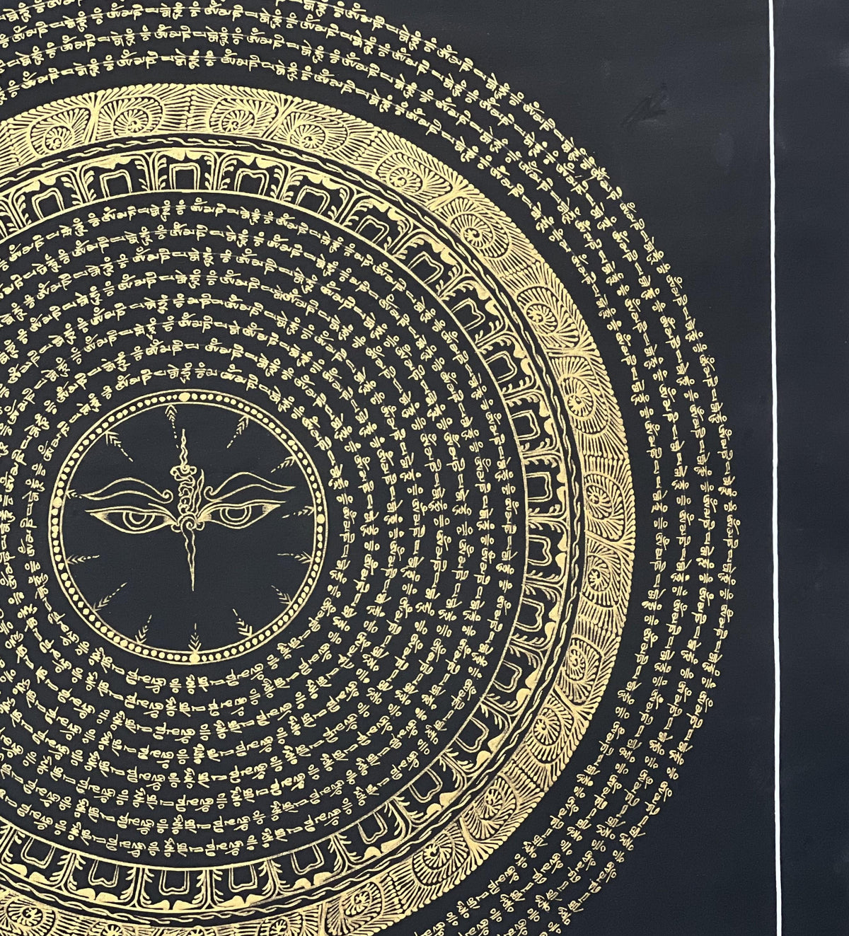 Hand-Painted Buddha Eye Mandala Thangka  Black and Gold Om Mani Padme Hum Art
