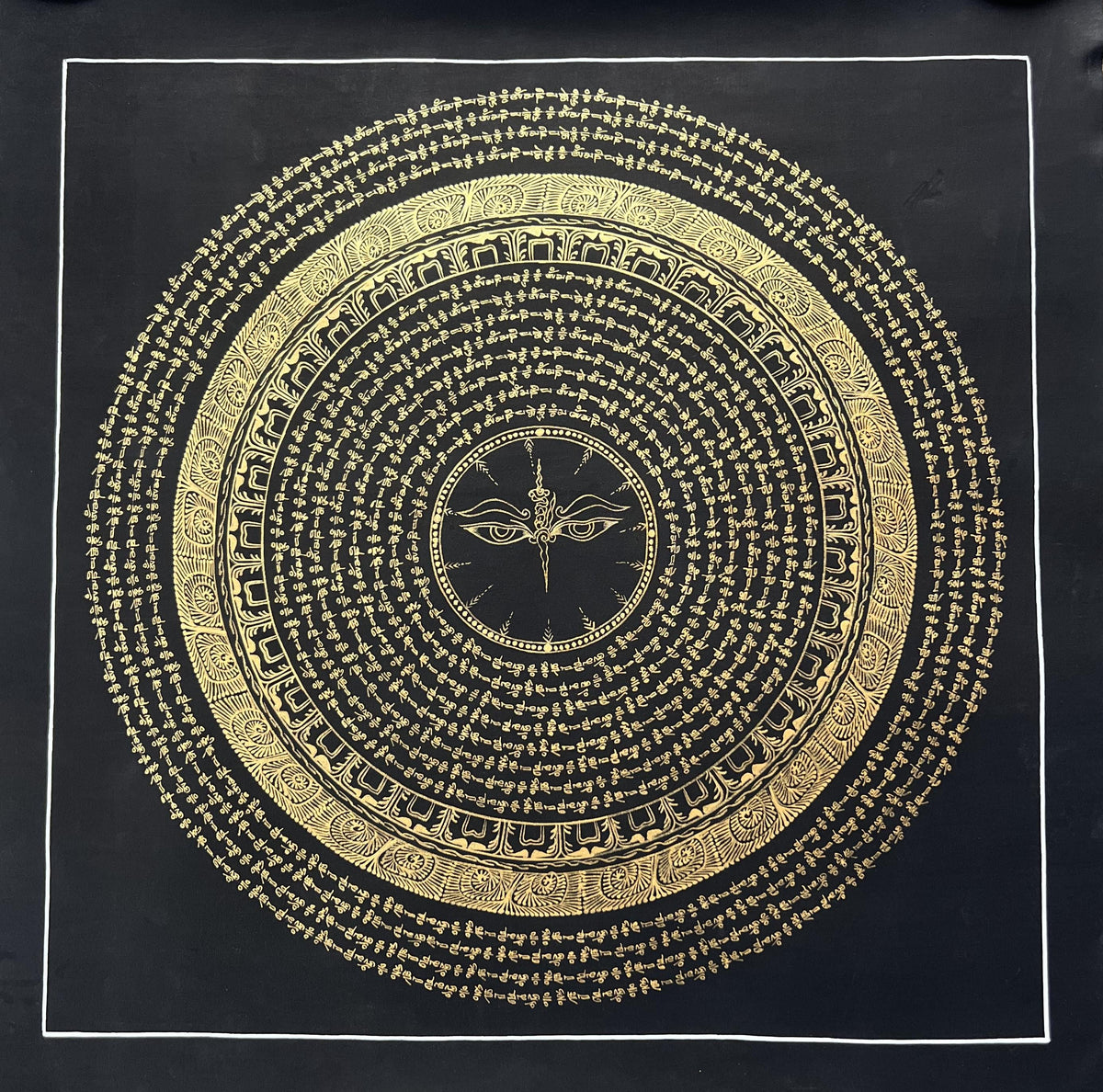 Hand-Painted Buddha Eye Mandala Thangka  Black and Gold Om Mani Padme Hum Art