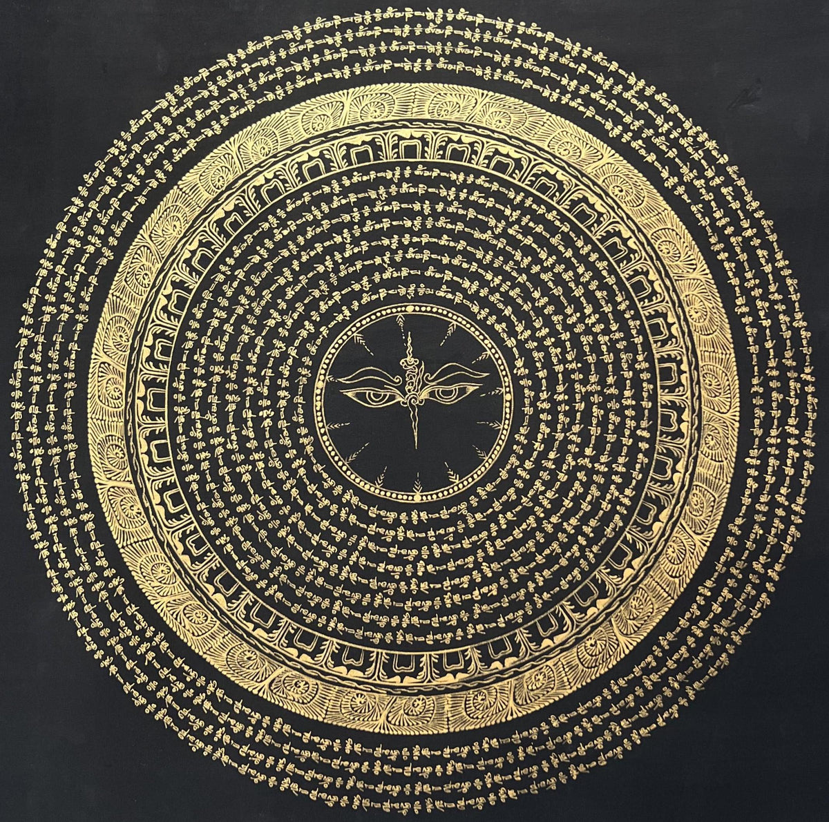 Hand-Painted Buddha Eye Mandala Thangka  Black and Gold Om Mani Padme Hum Art